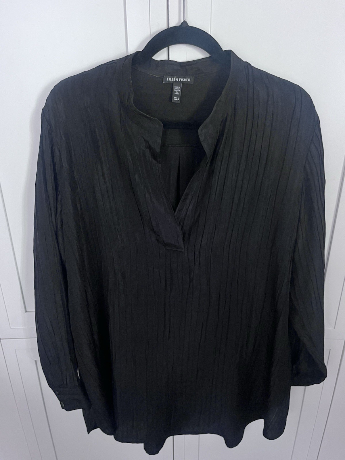 Eileen Fisher Silk Jacquard Manderin Collar Long Sleeve Button Front Shirt Large