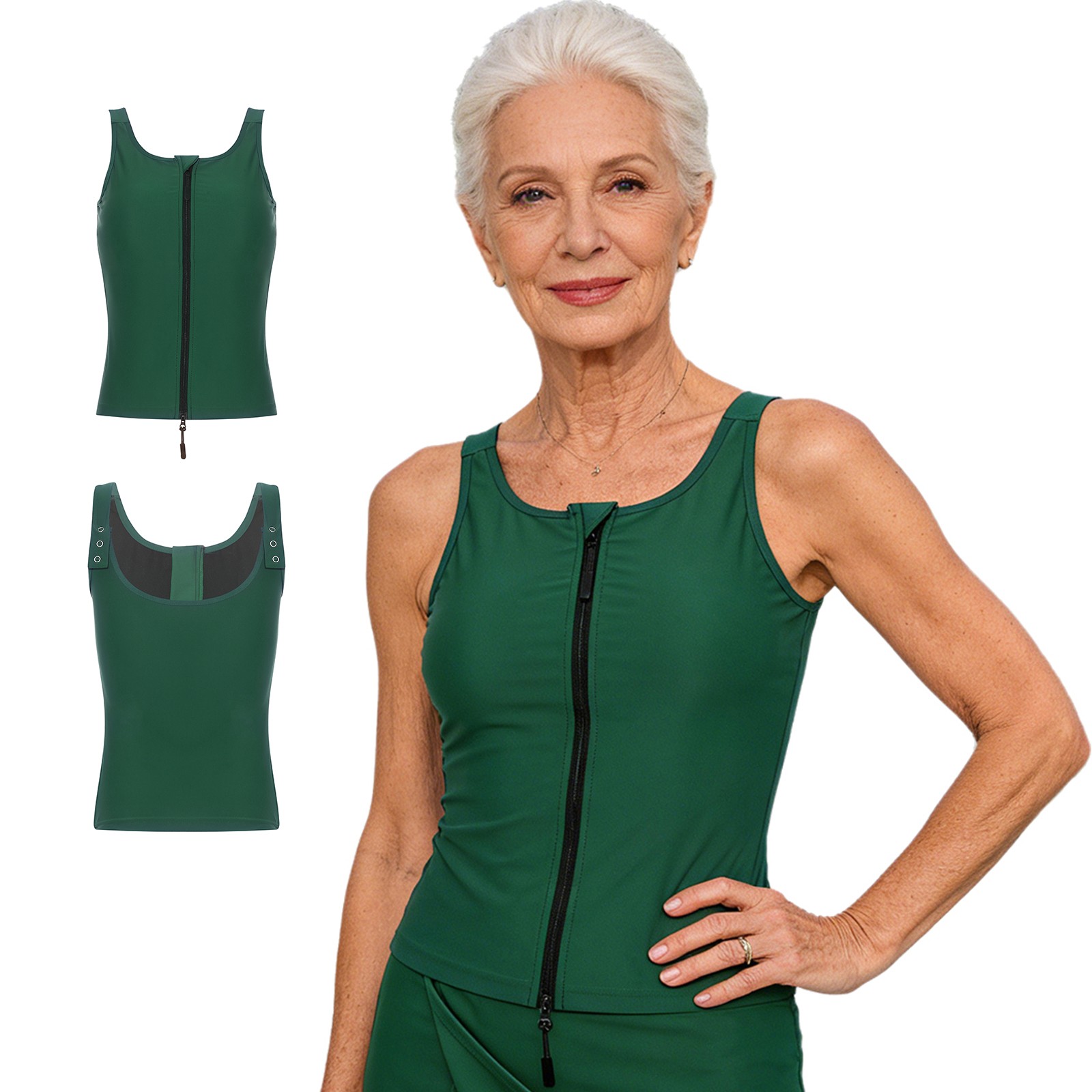 US Women Adaptive Swim Tank Top No Bottom Zip Front Sleeveless Press Button Vest
