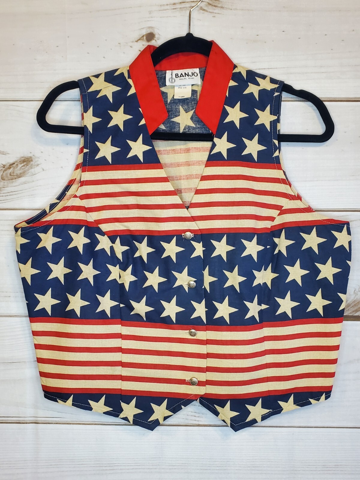 Vintage Banjo XL Crop Shirt Vest Sleeveless Patriotic American Flag 80s 90s TX