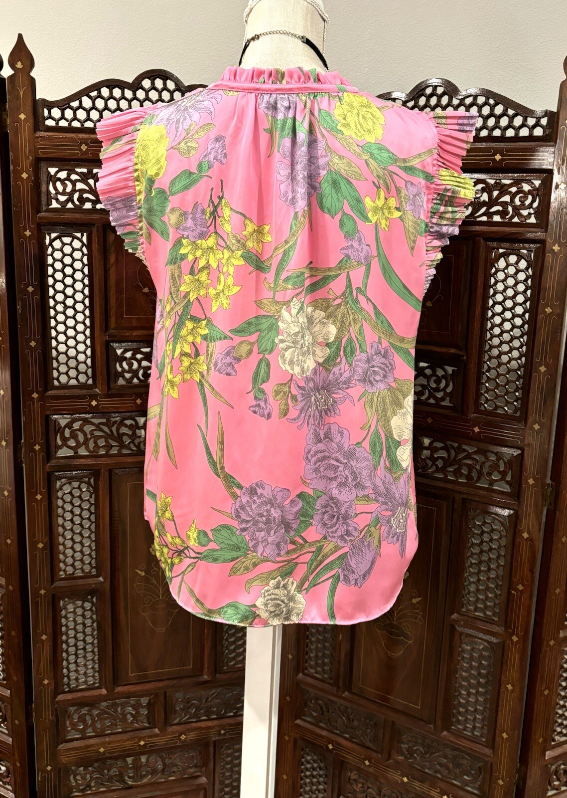 ANTHROPOLOGIE ARTSY FLORAL TOP L RUFFLE FEMININE COQUETTE SATIN *NO TASSELS*