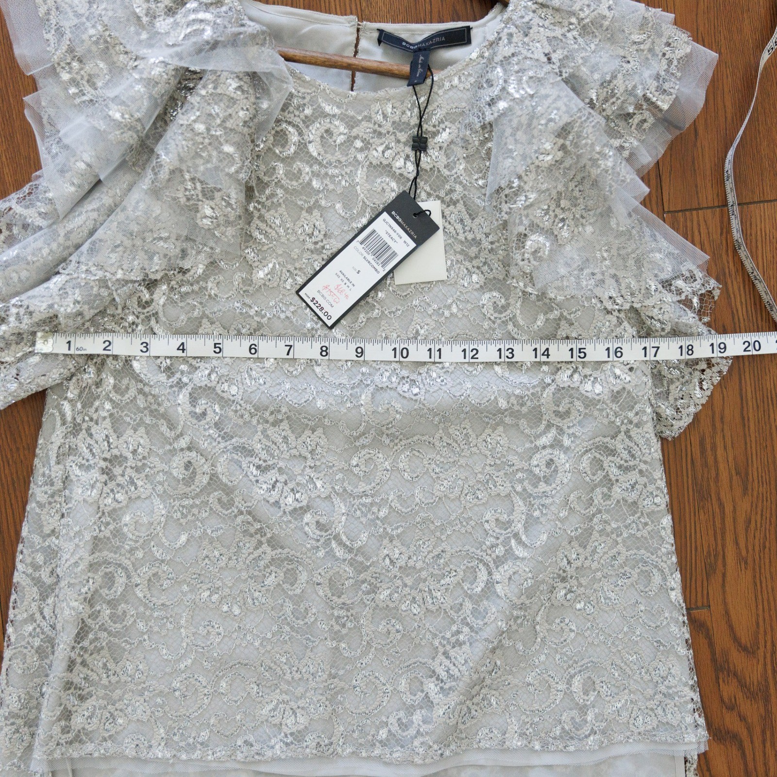 BCBGMAXAZRIA Steacy Silver Metallic Lace Ruffle Sleeve Blouse Top NWT QJC1N946
