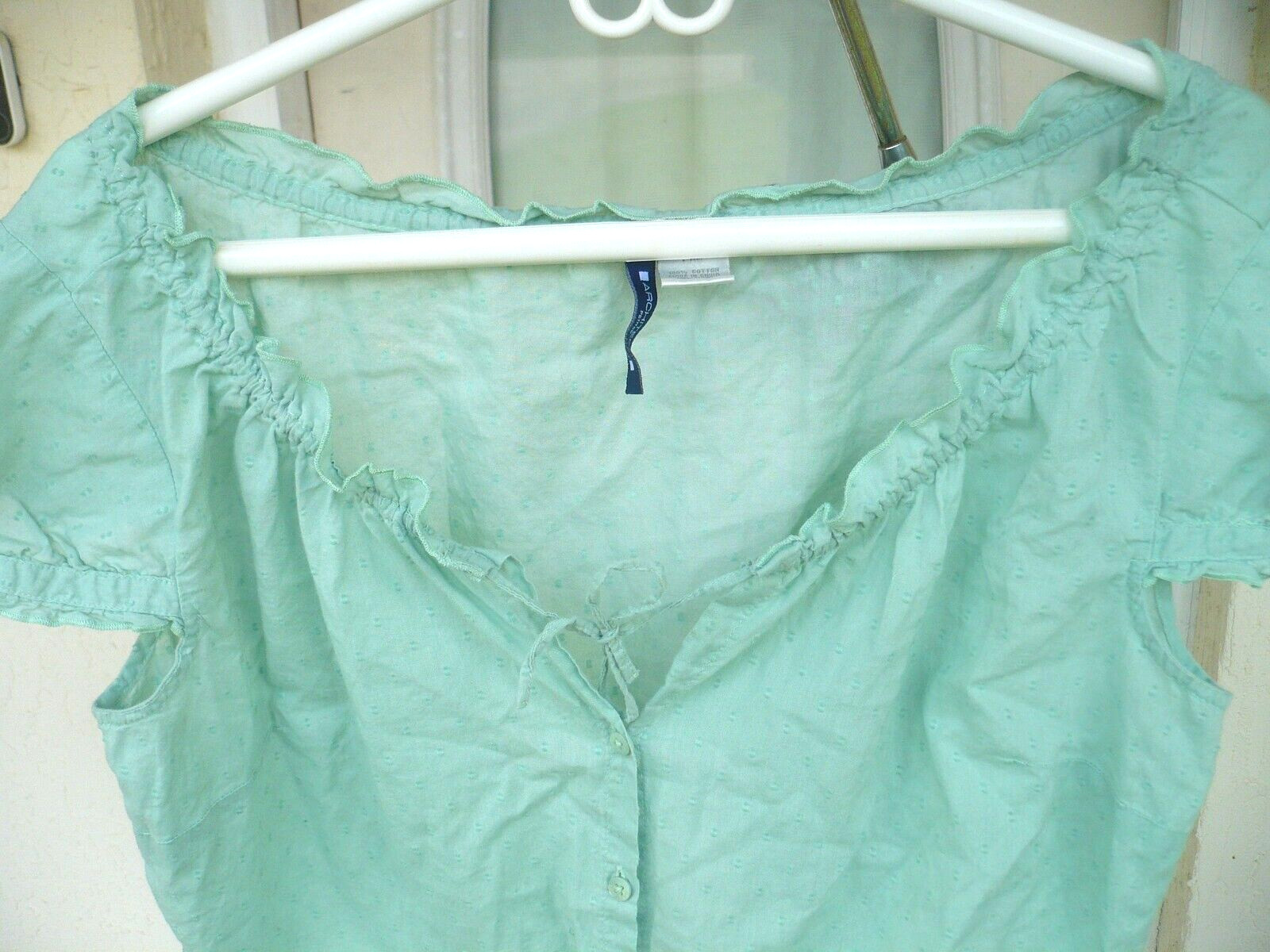 ARCHITECT P XL SOLID GREEN CHENILLE PEASANT COTTON RUFFLED ELASTIC NECK BLOUSE
