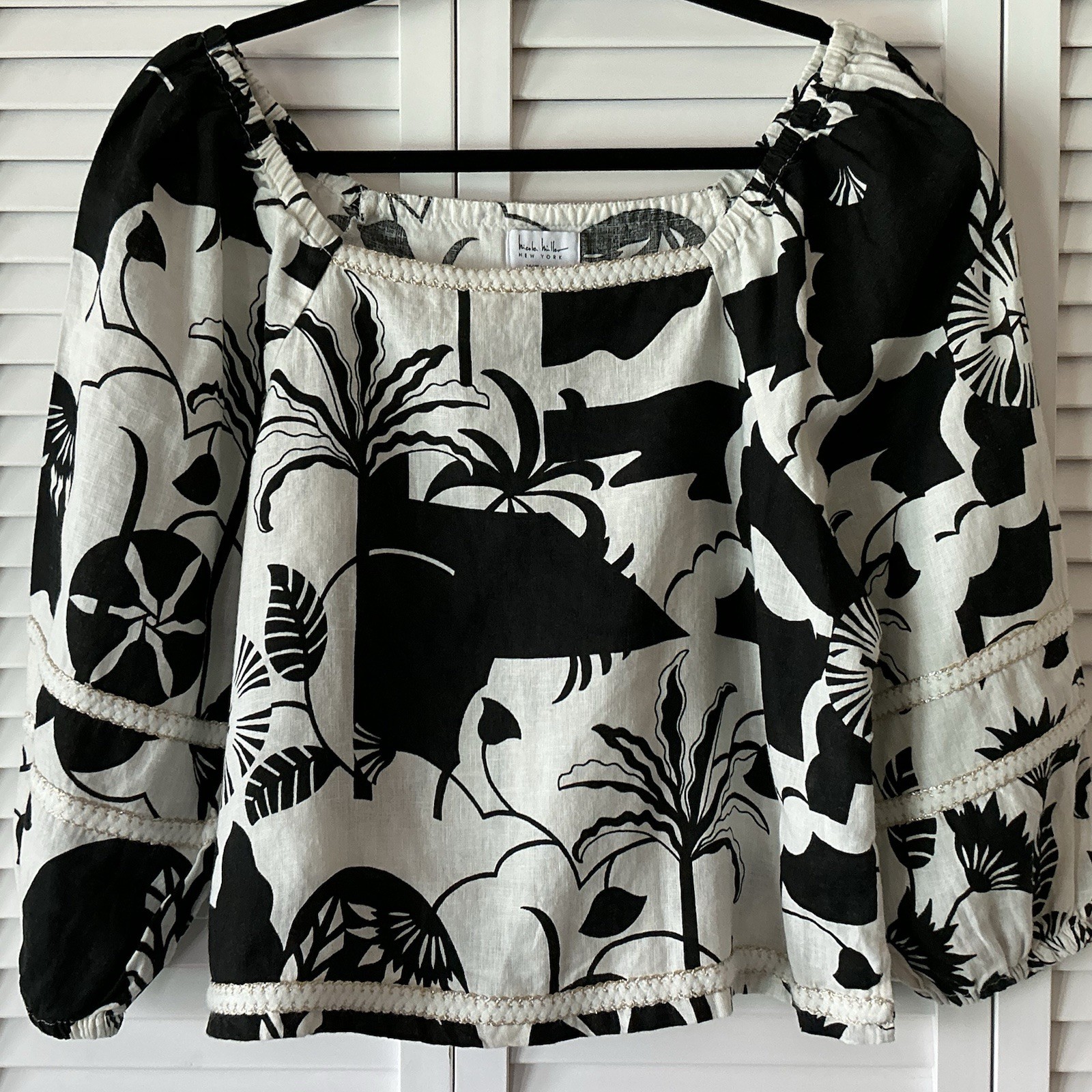 Nicole Miller NY Tropical Linen Peasant Blouse Sz M Boho Travel Coastal Resort