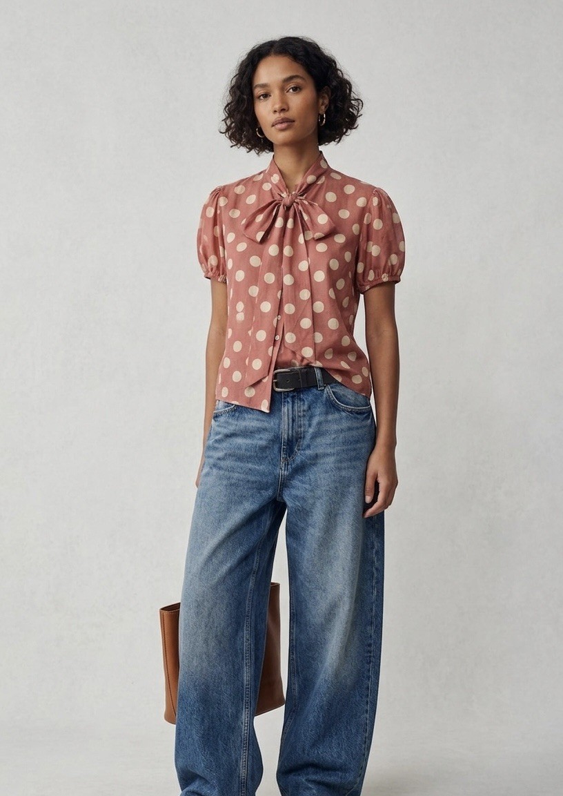 Paul Smith Rust Polka Dot Tie-Neck Cotton Blouse – Size IT 40 (UK 8)
