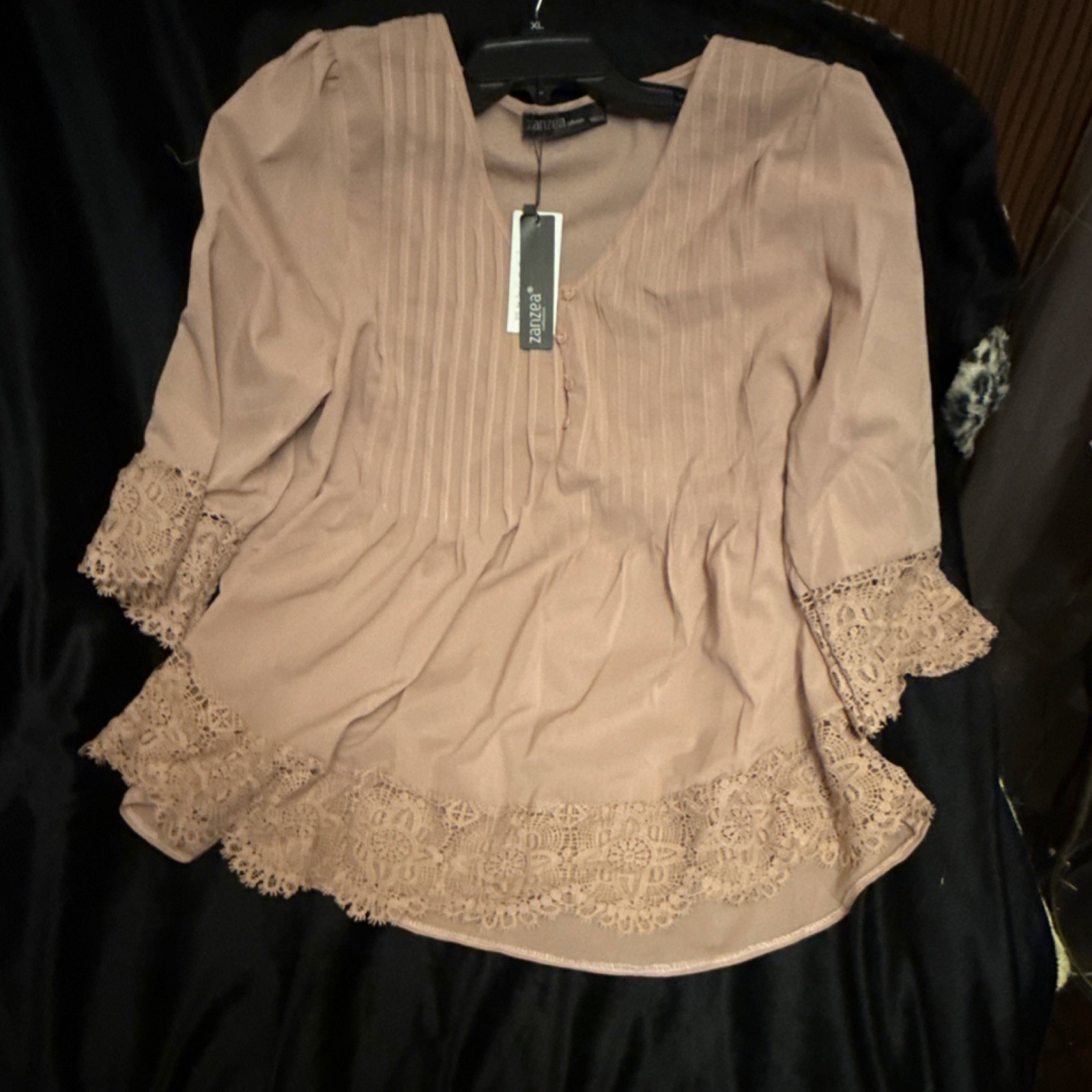 Zanzea Collection Beige V-Neck 3/4 Sleeve Tunic Blouse XXXXL Lace Cotton