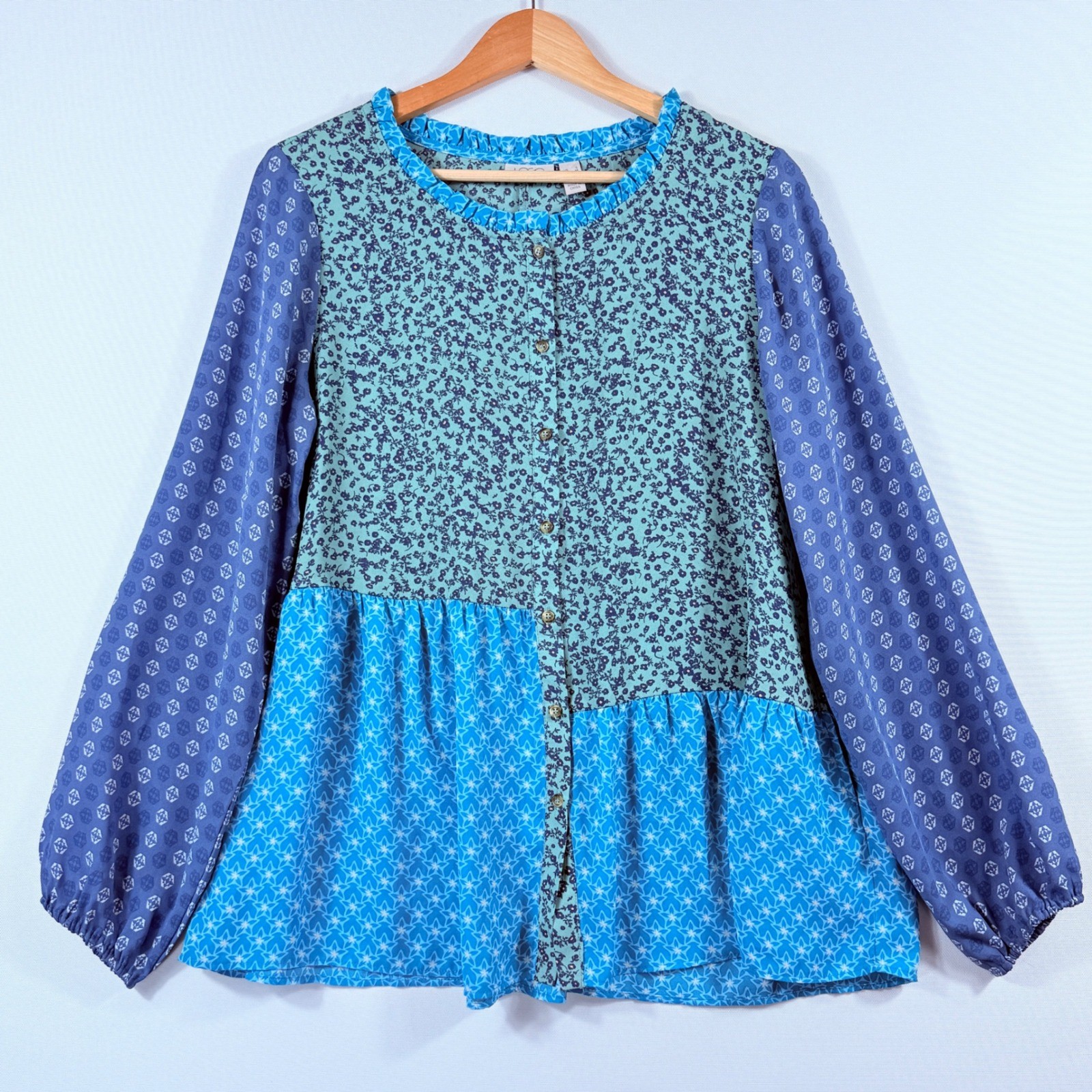 LOGO Lori Goldstein Blouse Womens Small Blue Quilted Print Boho Cottagecore