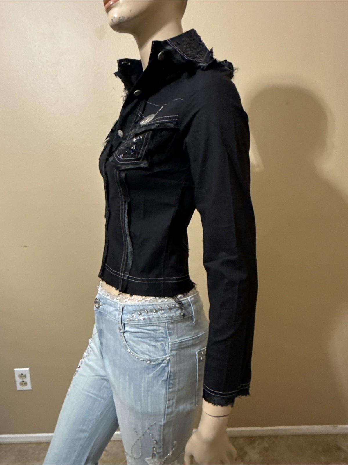 Women’s Black Rayon Casual Stretch Slim Beads Collar Size L Button-up Blouse Top
