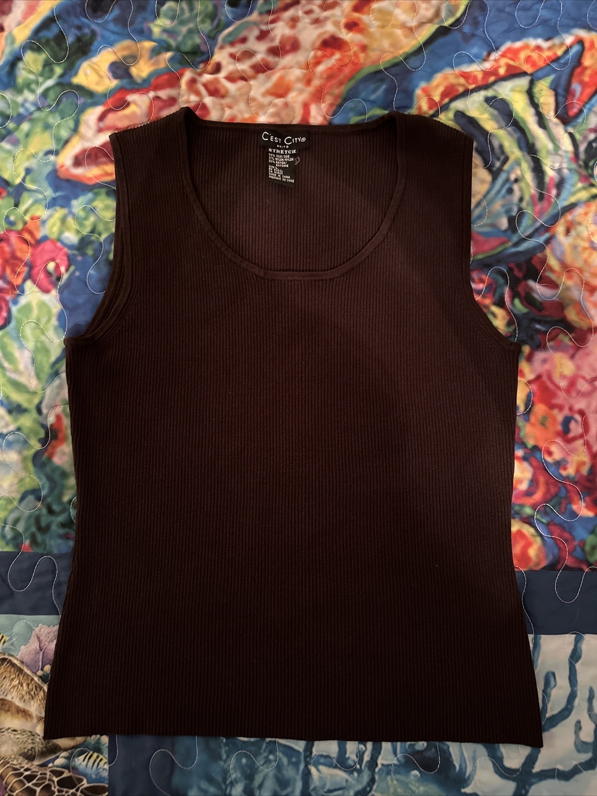 C’est City Size L Brown Ribbed Sleeveless Tank Silk Nylon Rayon 32×21”