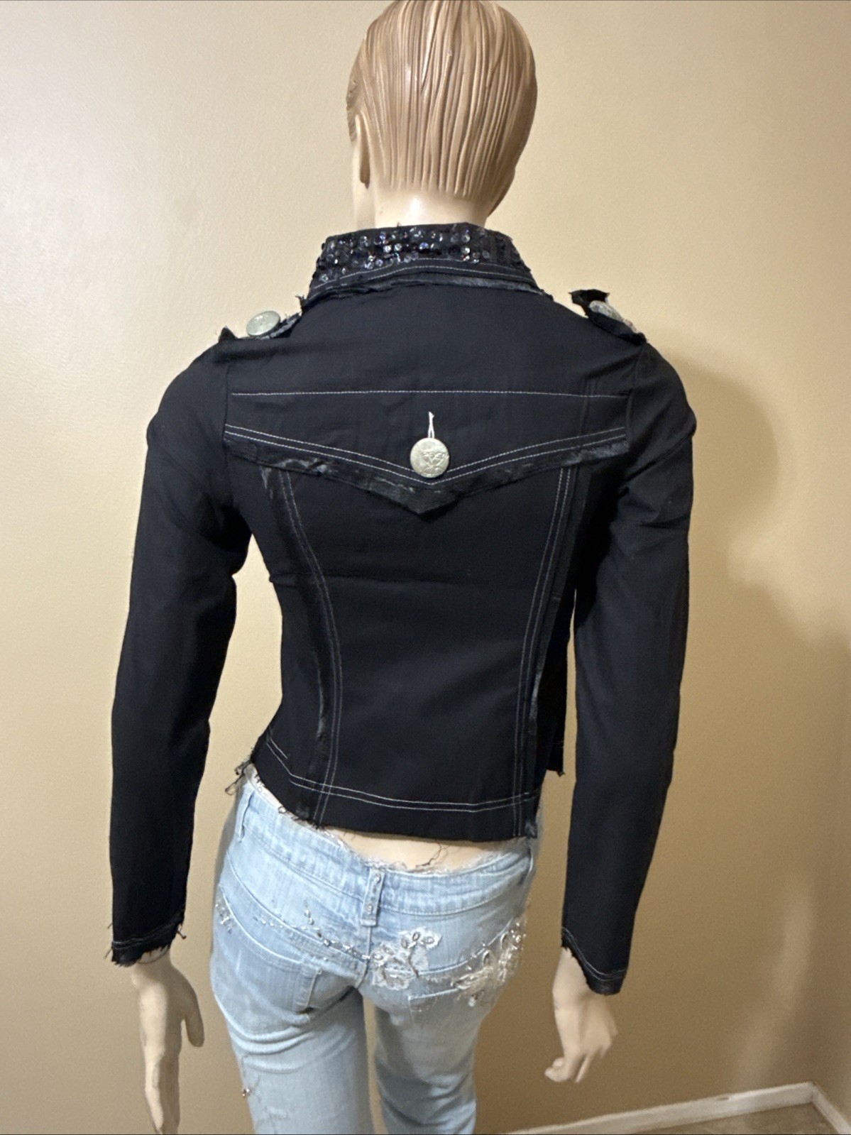 Women’s Black Rayon Casual Stretch Slim Beads Collar Size L Button-up Blouse Top