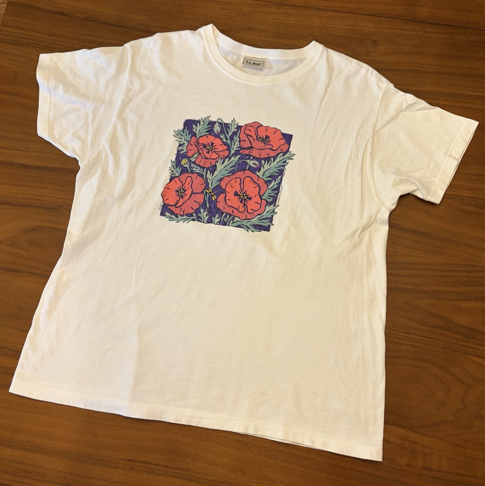 Vintage 90s L.L. Bean Garden Poppies T-Shirt Size L Artist Print USA Made Nature