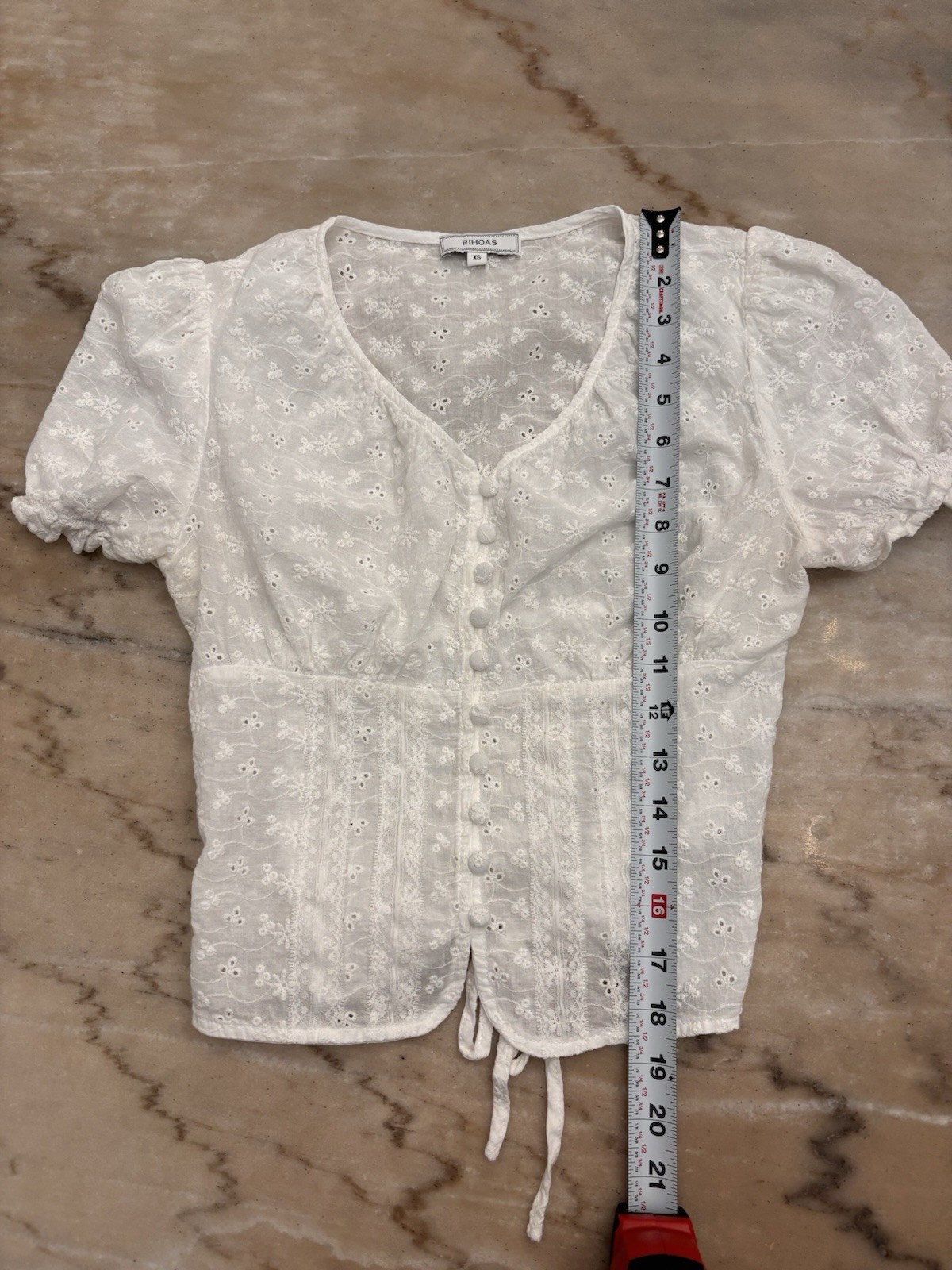 White Floral Eyelet Tie-Back Cotton Top Puff Sleeve 100% Cotton