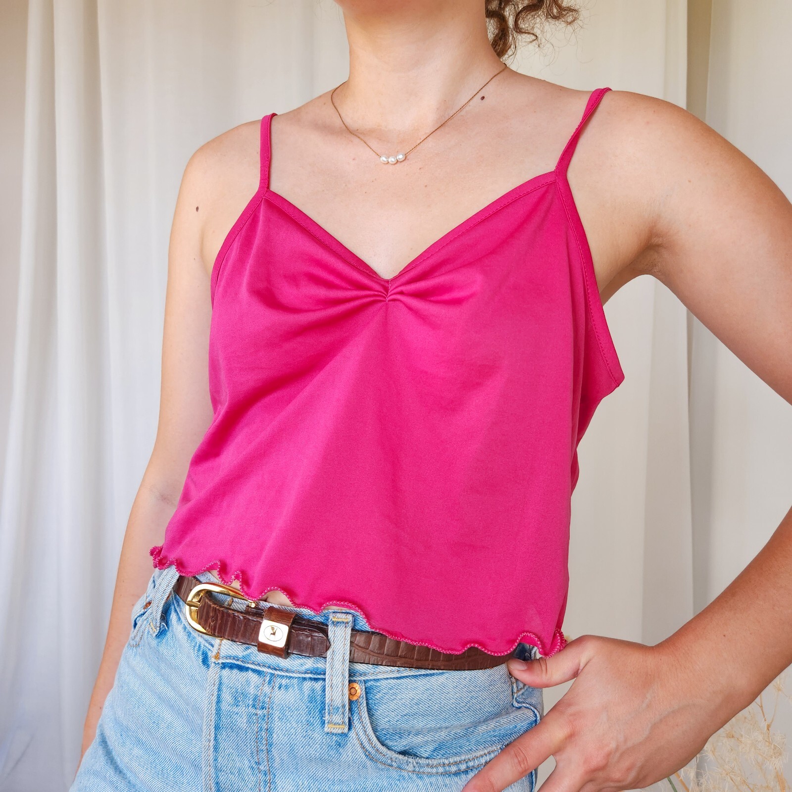CAROLINE MORGAN Upcycled Y2K Pink Ruched Lettuce Hem Crop Top Size 14