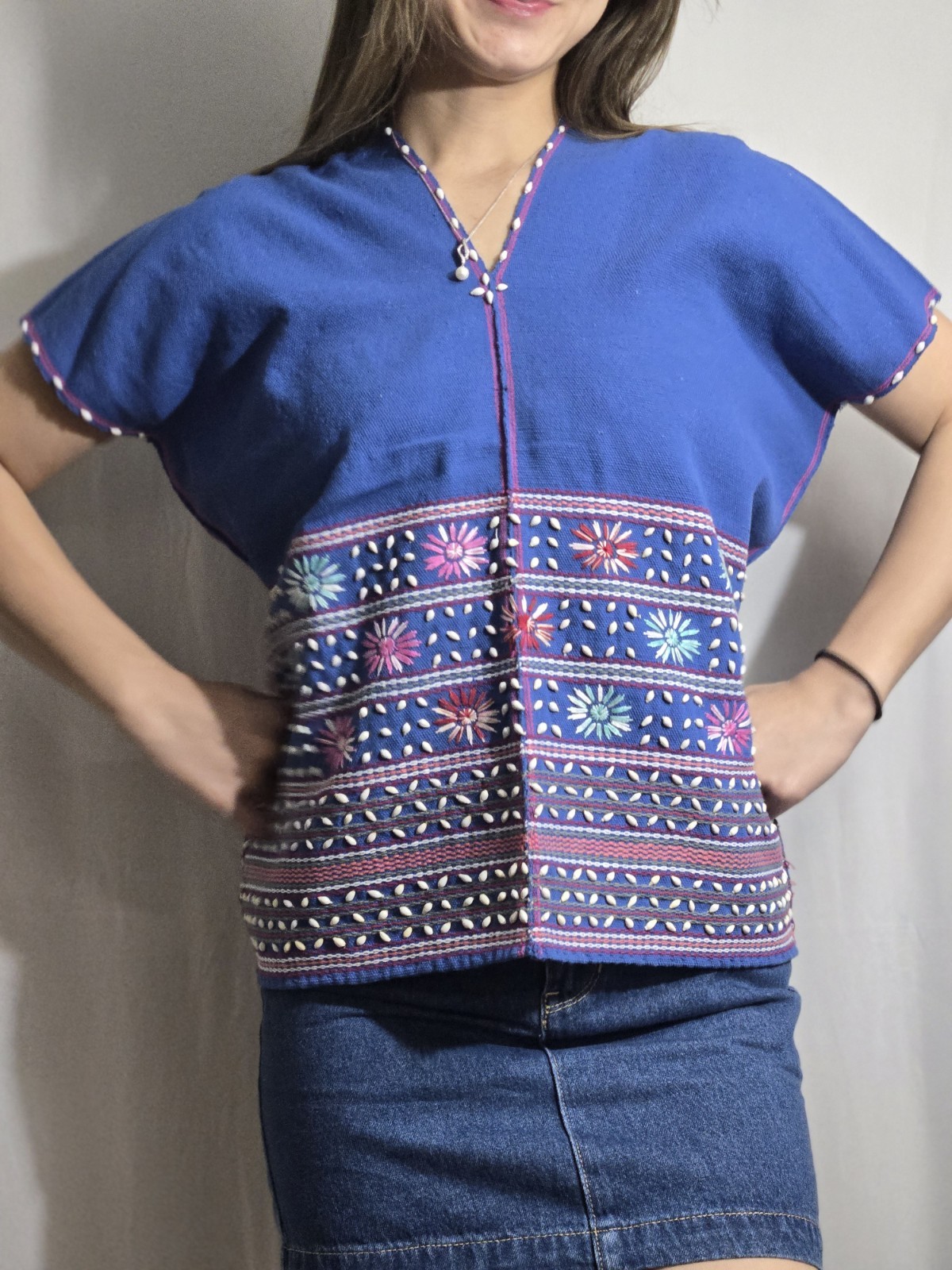 Women’s Karen tribal Handmade cotton Bead Shirt , Size 22 in wth/22 in Ht, Blue