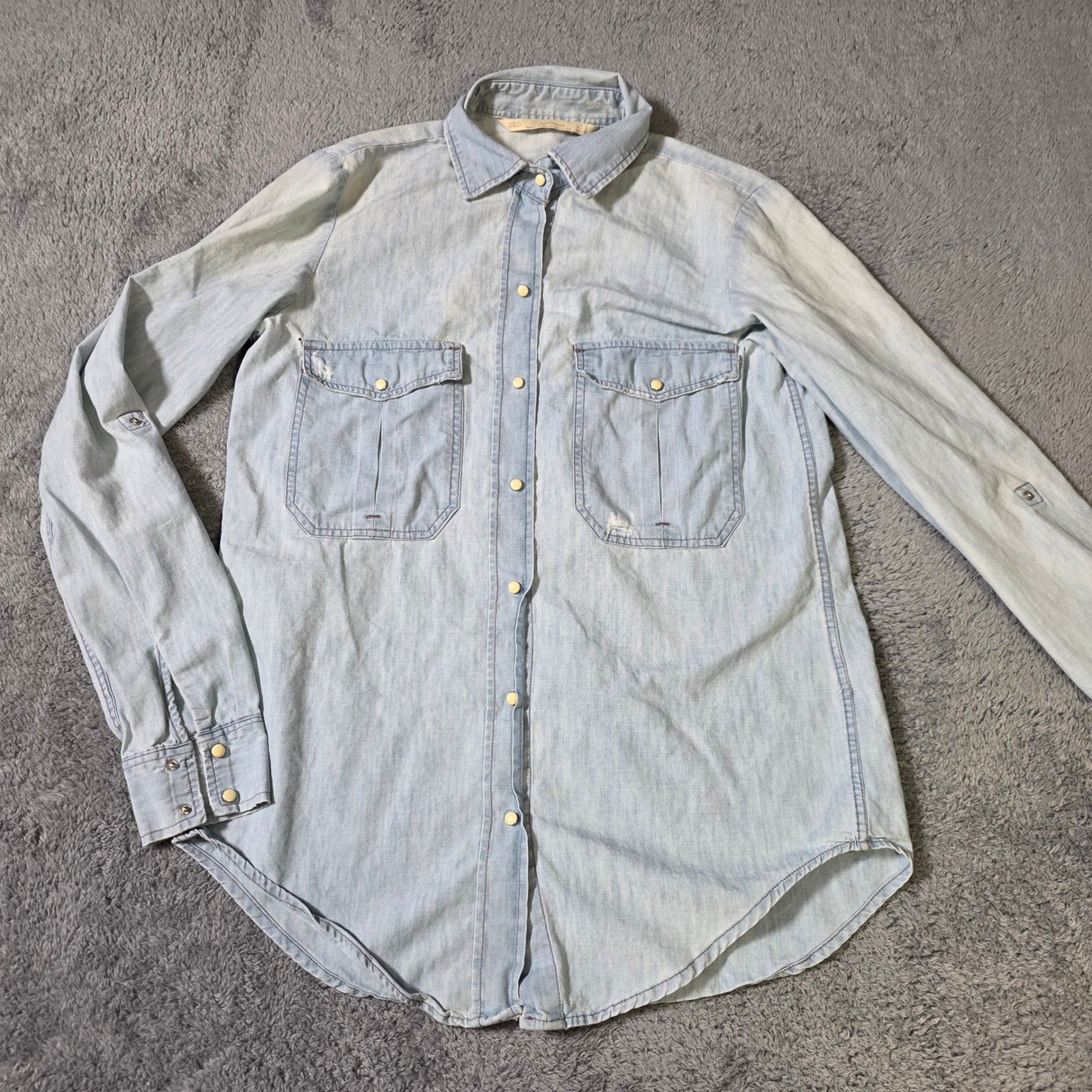 Zara Womens S Denim Shirt Light Wash Blue Western Snap Button Roll Tab 1532