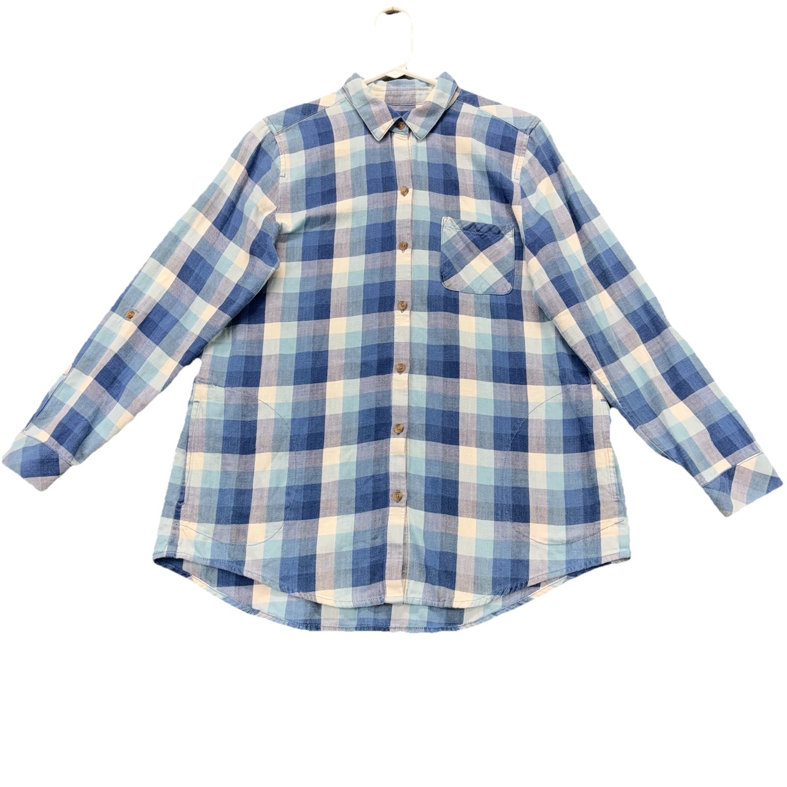 J Jill Flannel Shirt Jacket Womens M Blue White Plaid Roll Tab Sleeves Pockets