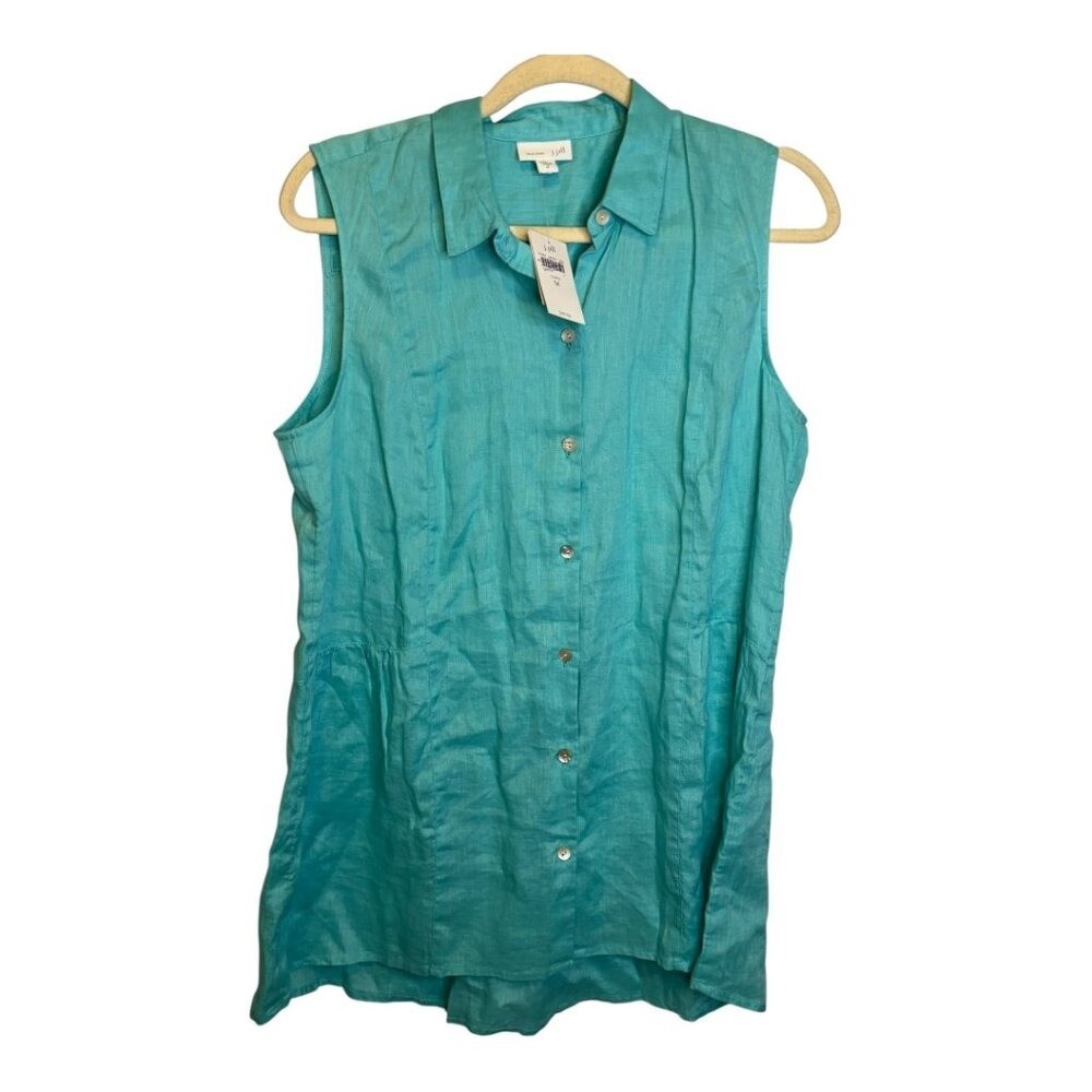 J. Jill Women’s Love Linen Teal Sleeveless Button Down Shirt Size Medium NWT