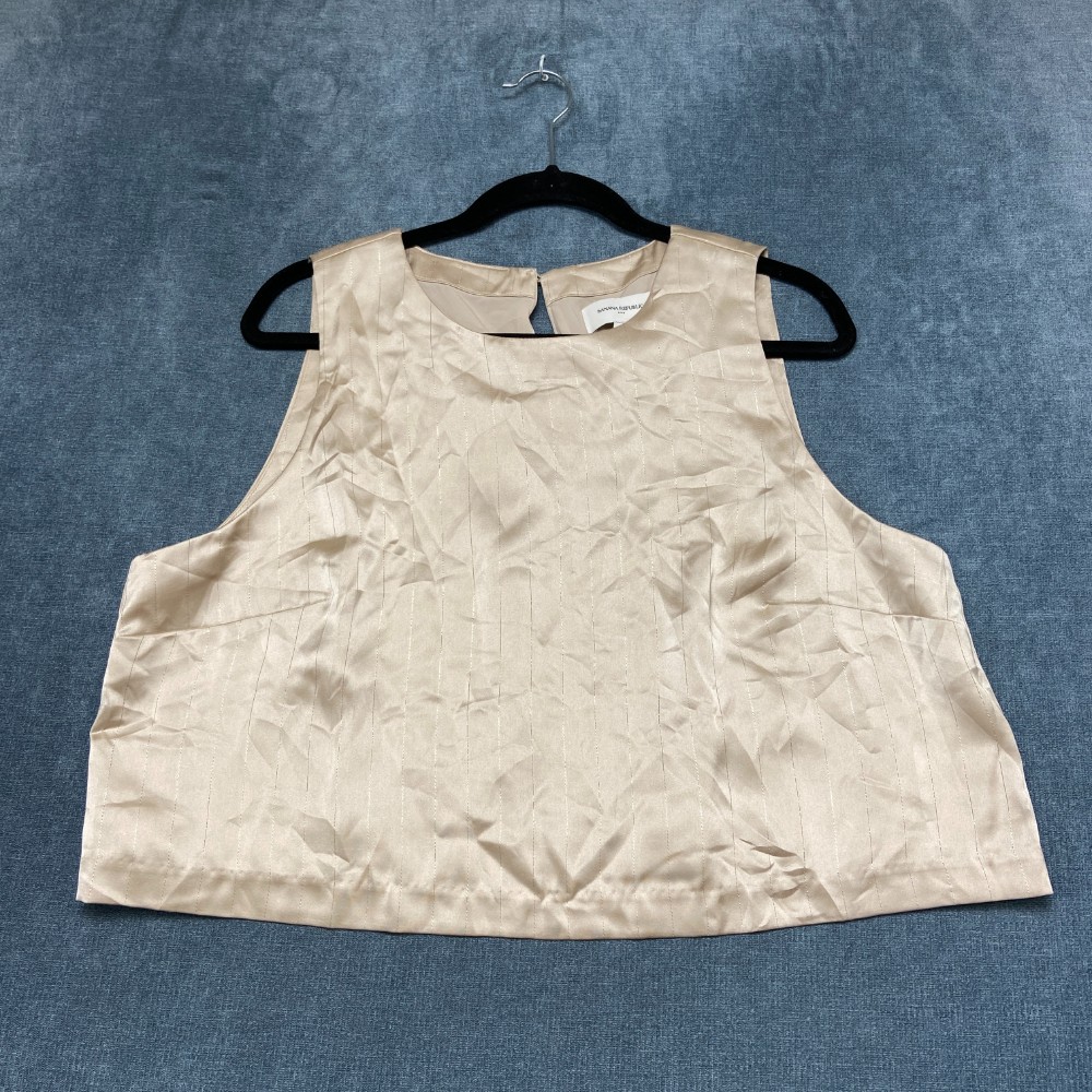 Banana Republic Satin Cropped Top Women XL Beige Pinstripe Sleeveless Hook & Eye