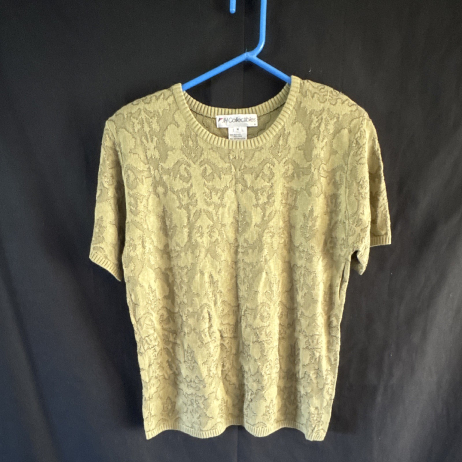 VTG JH Collectibles Olive Floral Knit Pullover Blouse Round Neck Short Sleeve M