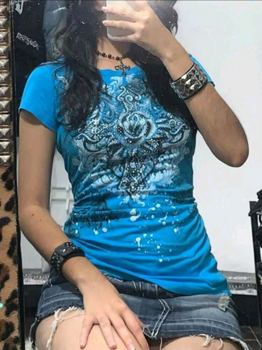 Y2K Women’s Blue Short Sleeve Cross Flower Graphic Tee Size S, M, L,