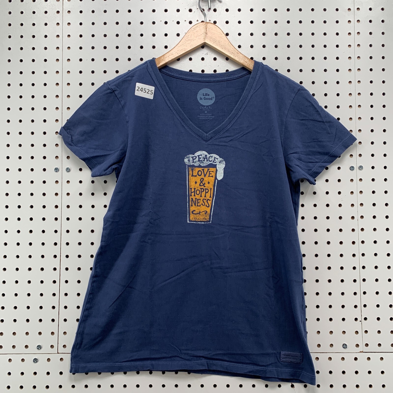 Life Is Good Shirt Blue V Neck Peace Love & Happiness Womens Medium 19×23.5