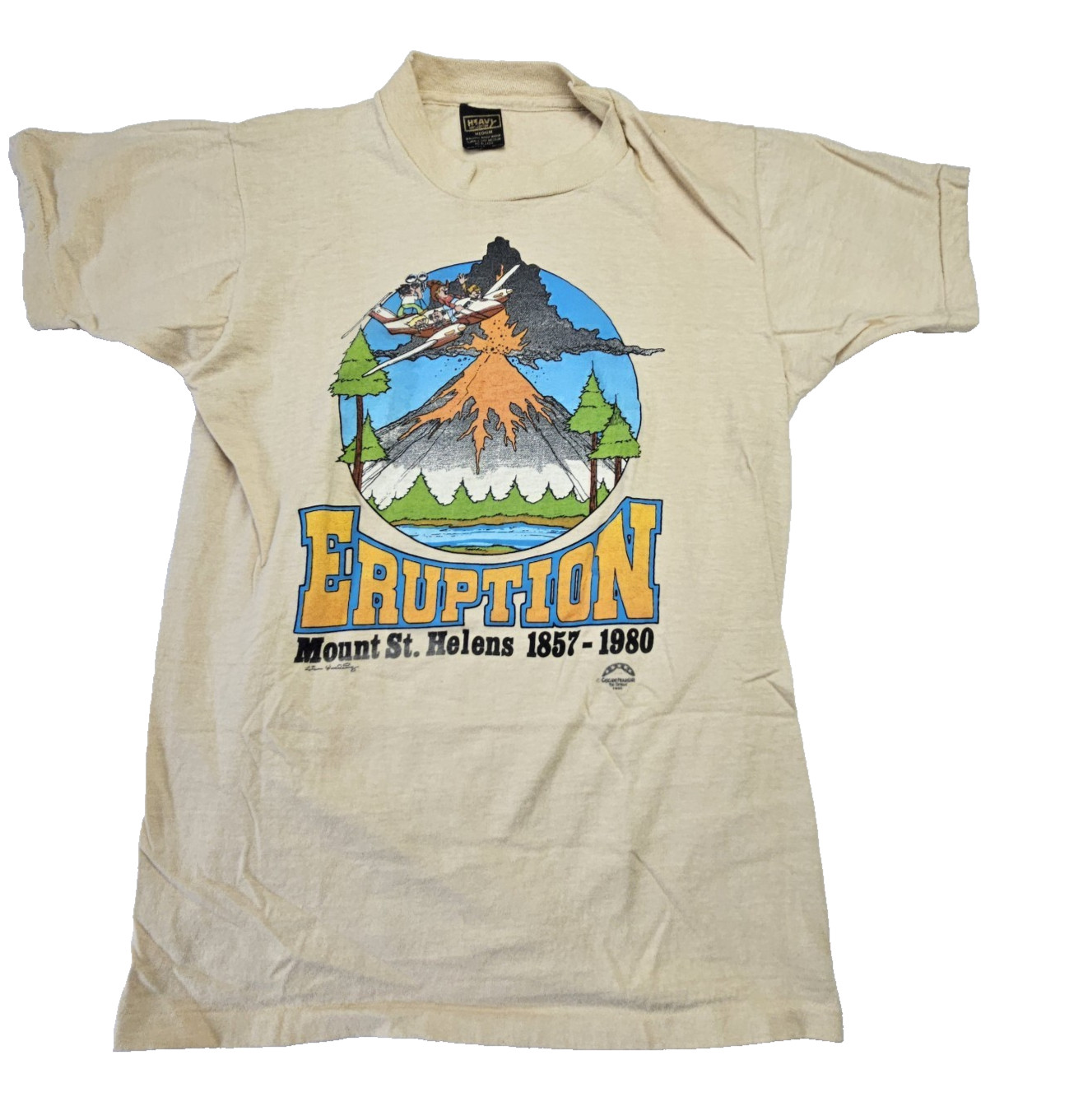 Vintage Volcano Eruption T Shirt Medium Beige 80s Mount St Helens Single Stitch