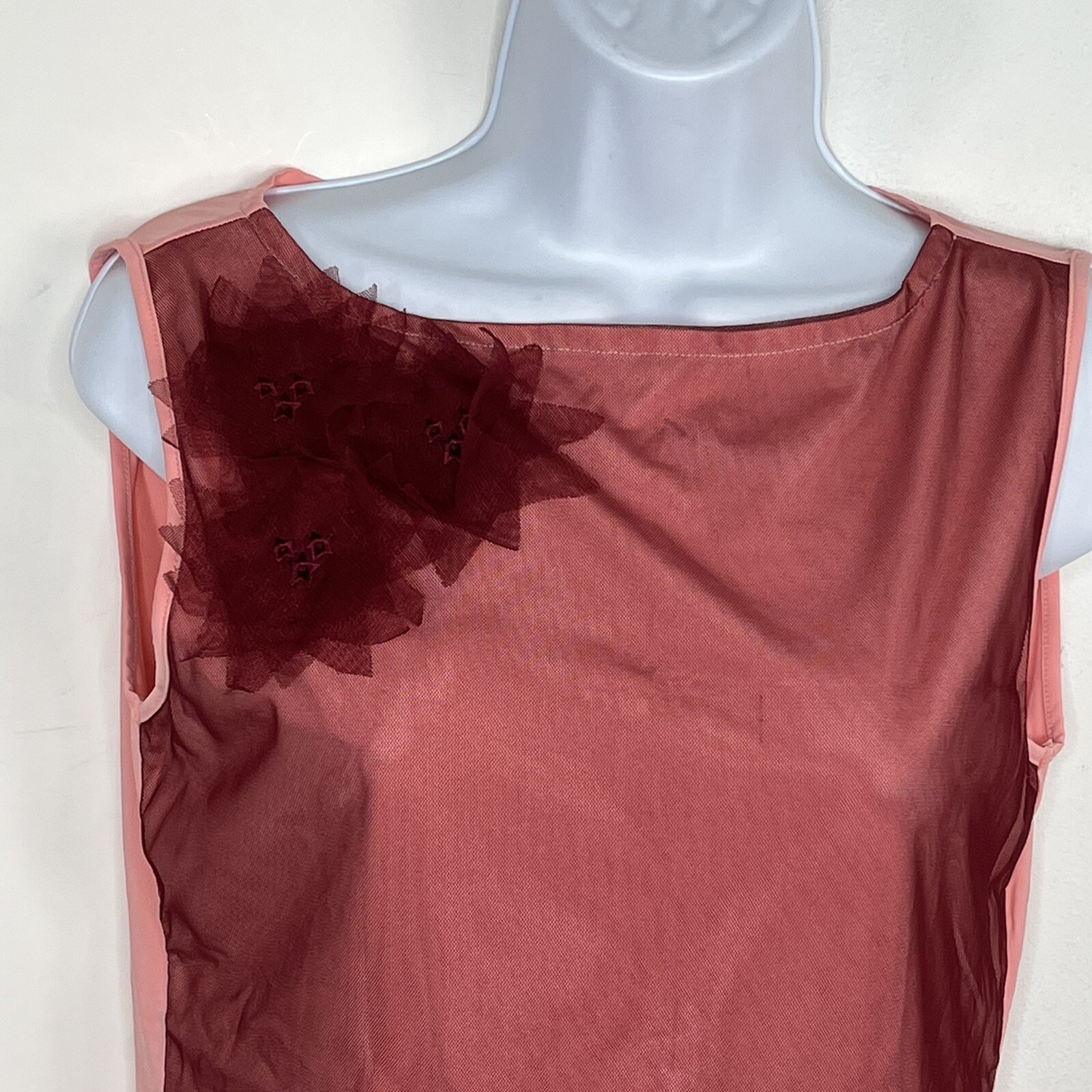 DKNY Jeans Dusty Rose Mesh Tank Top Sz M Sleeveless Floral Applique Sheer
