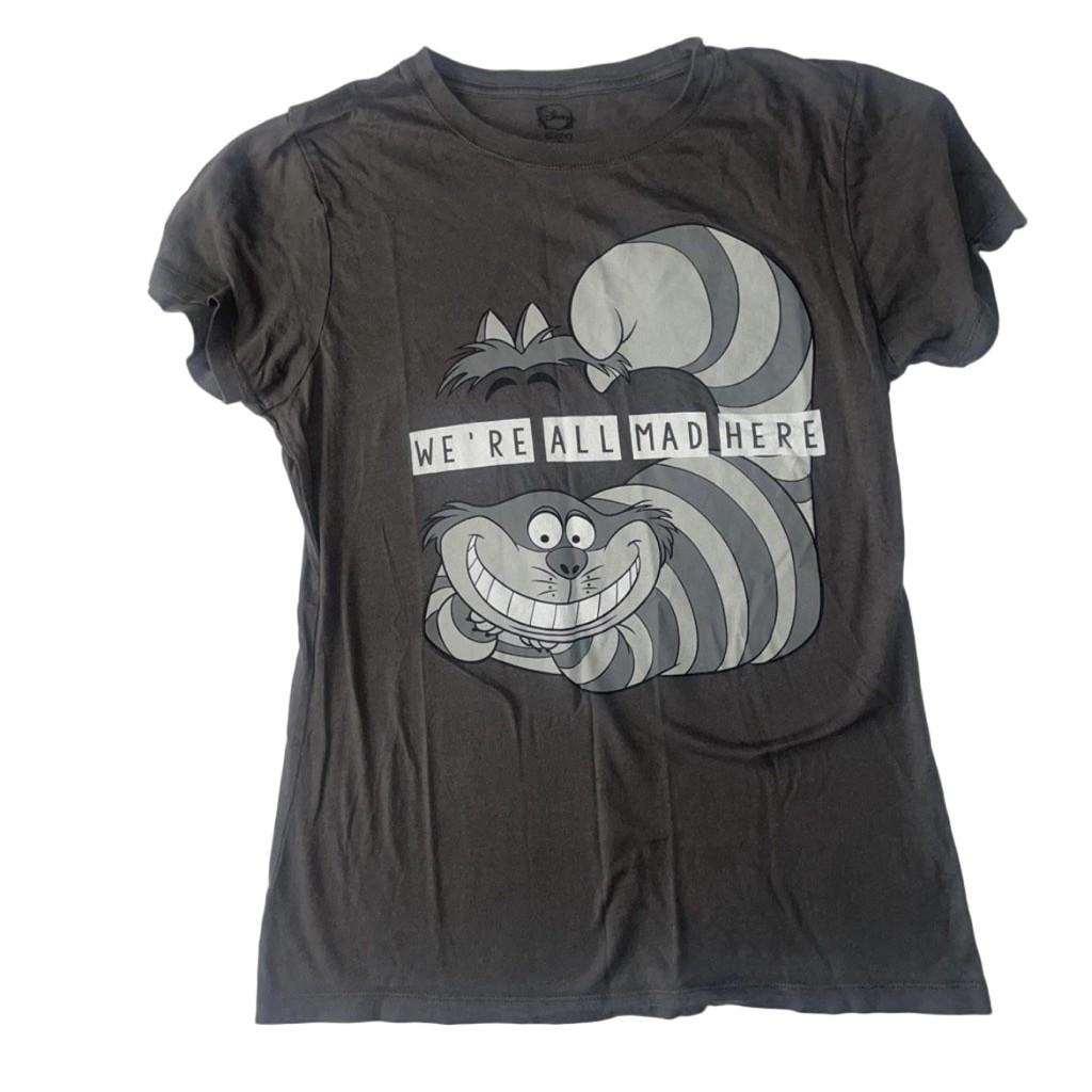 Women’s Disney Gray Cheshire Cat “We’re All Mad Here” Short Sleeve Tee M