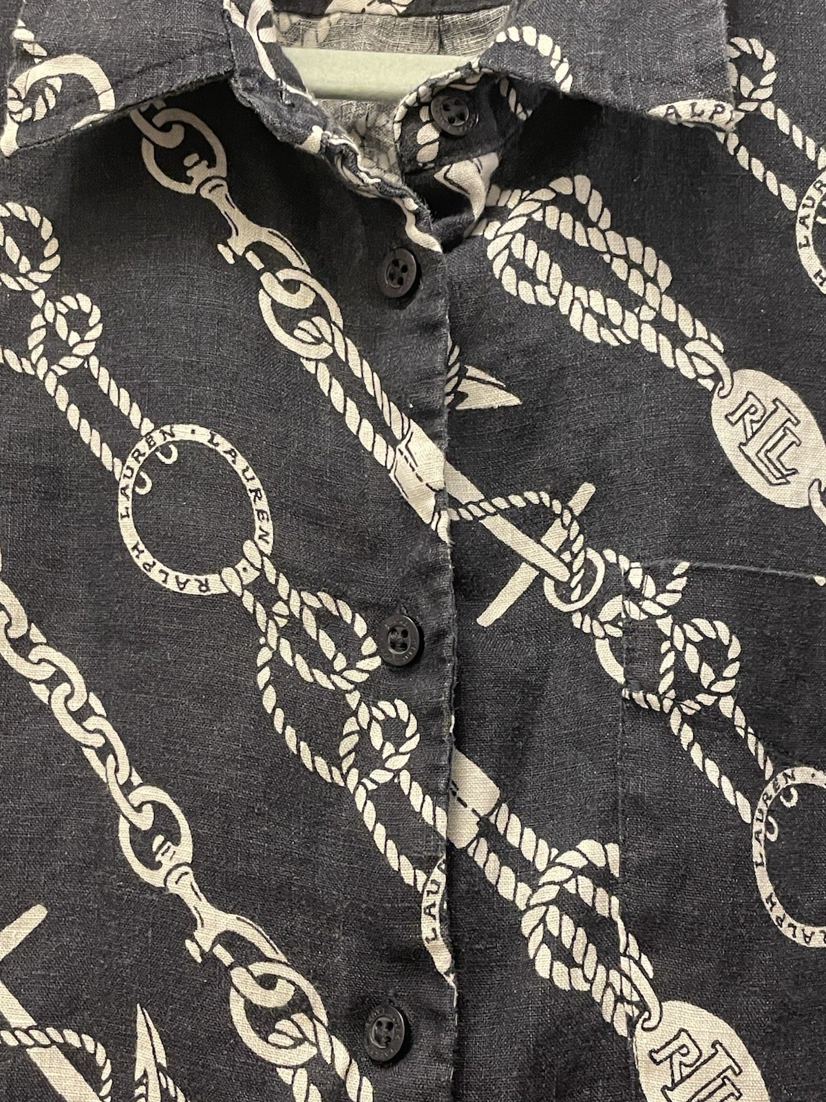 Lauren Ralph Lauren Shirt Nautical Print 1/2 Button Up Linen Navy Blue Womens XL
