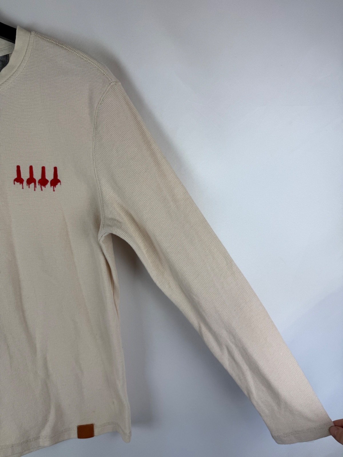 Makers Mark Whiskey Beige Red Button Henley Thermal Waffle Knit Shirt Large L