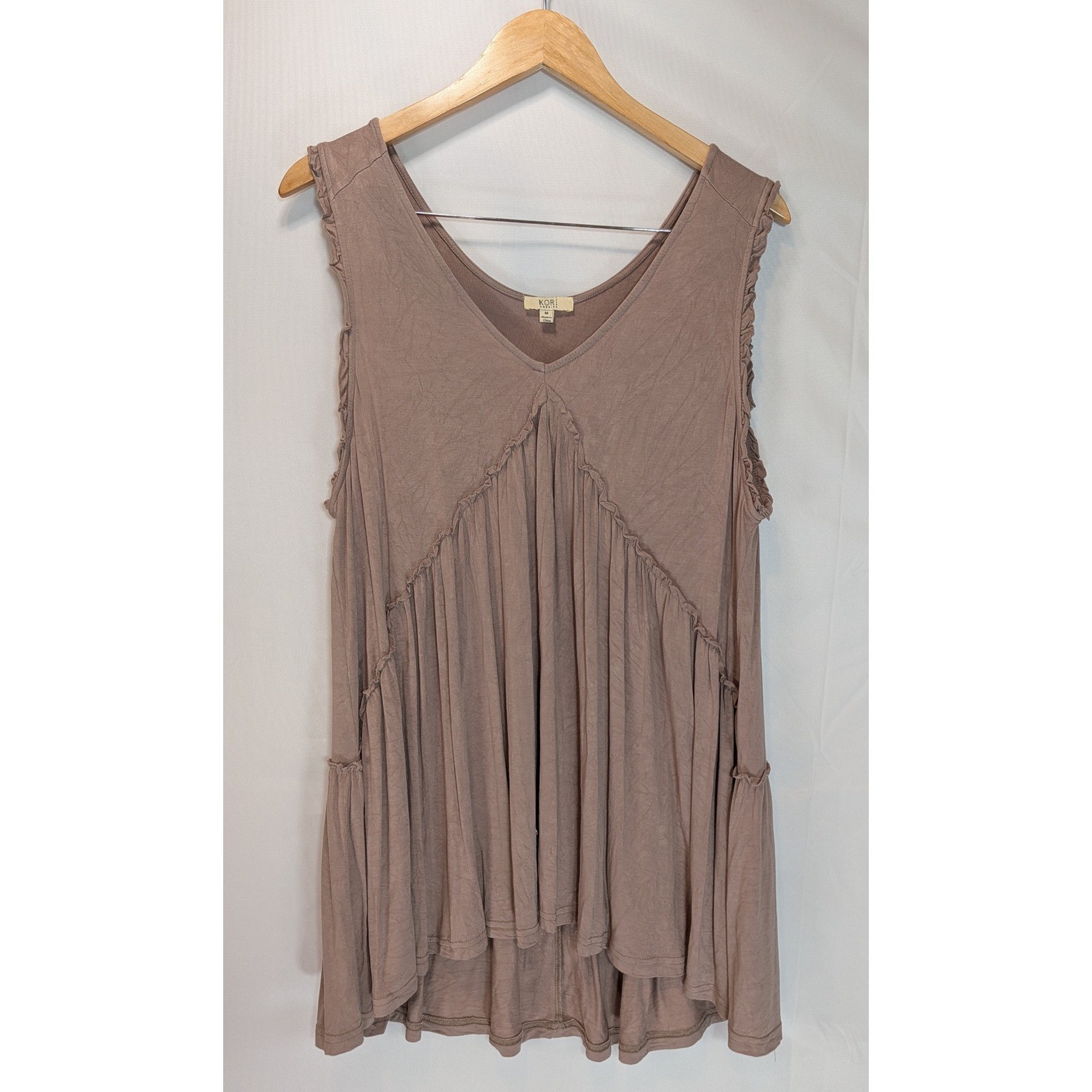 Kori America Tan Brown Tiered Ruffle V-Neck Sleeveless Tunic Top Medium
