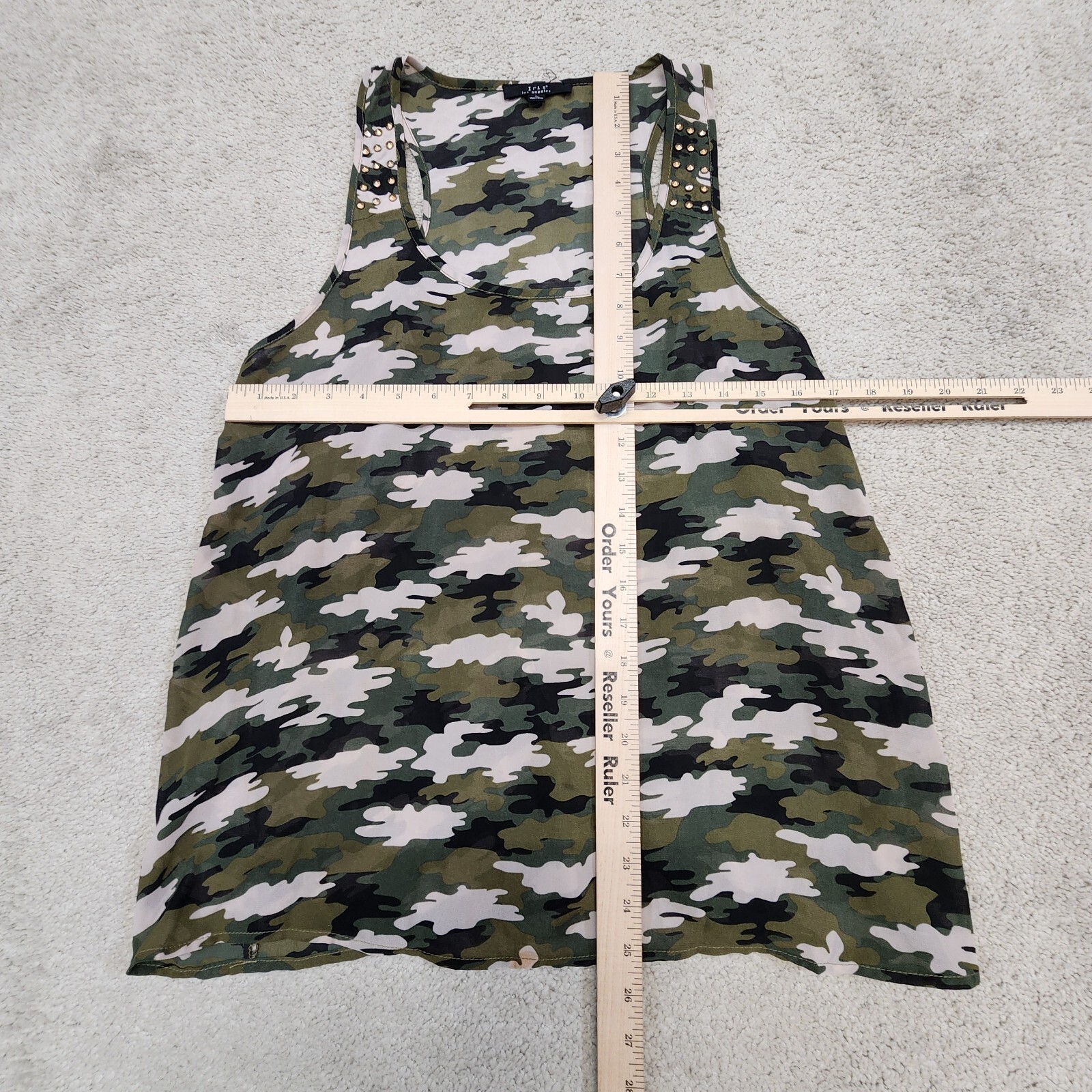 sleeveless top army Green sheer-back Olive Green Large Studded Camouflage