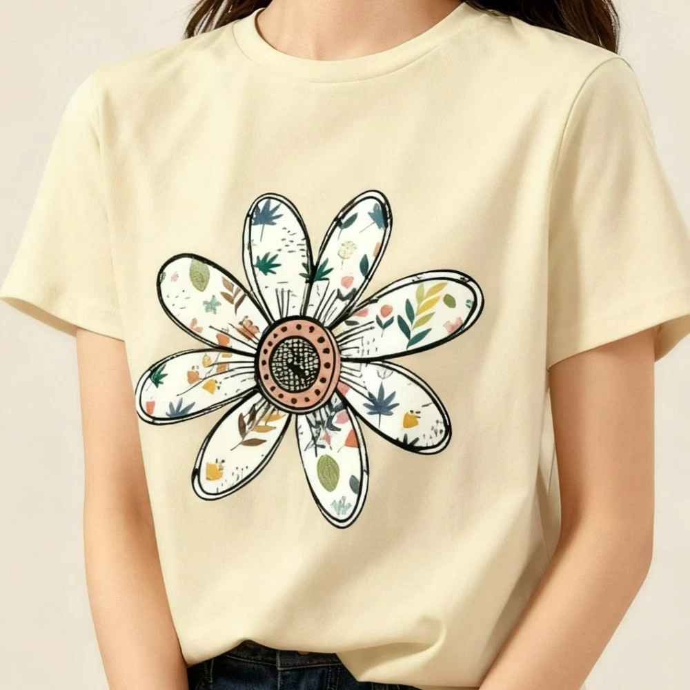 Retro Flower T-Shirt Women Boho Floral Daisy Tee Casual Black Daily Wear Top