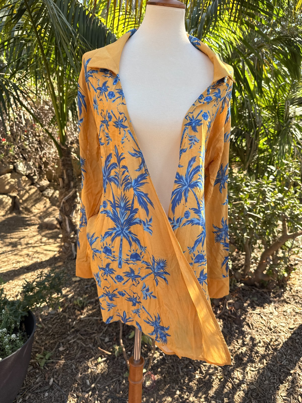 $198 NWT Aquari Yellow Blue Palm Tree Robe Wrap Dress Size S Boho Resort Wear