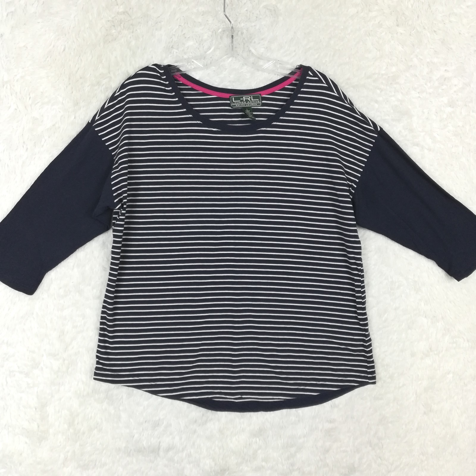 LRL Lauren Active Ralph Womens Top 3/4 Sleeve Tee Navy White Stripe L