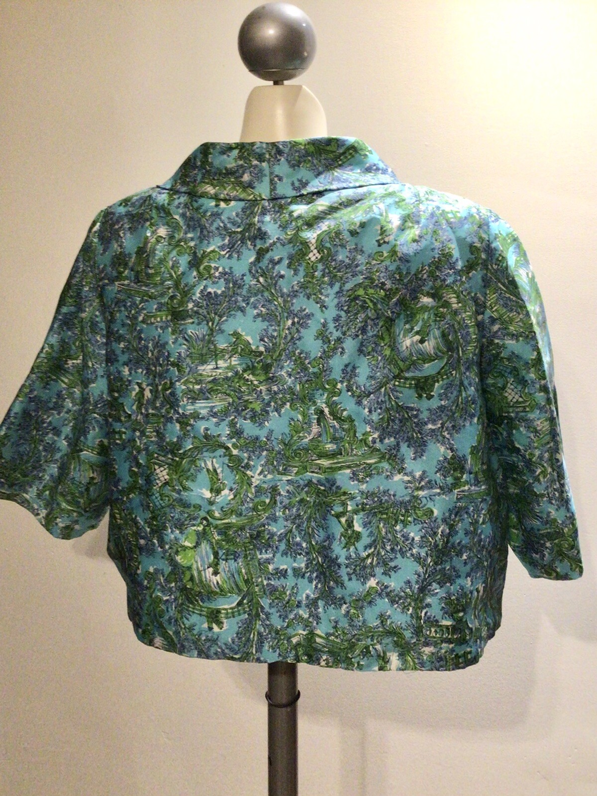 NOS Vtg 60’s Silk Sash Collar Boxy Turquoise Floral Short Sleeve Blouse L