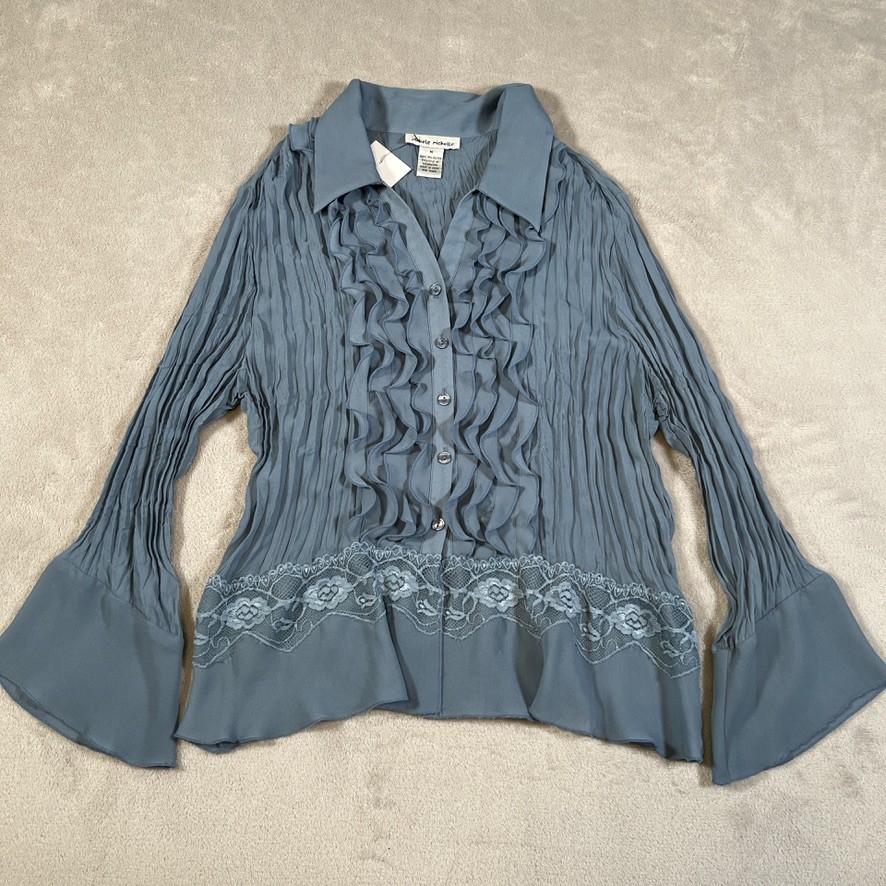 Michele Michele Blouse Blue Collar Button Up LS Ruffled Front Womens Size Medium