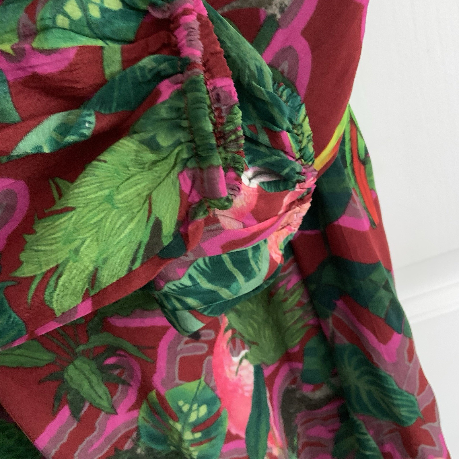 Just Bellina Tropical Parrot Tucan Floral Peasant Festival Blouse Tassels sz XS