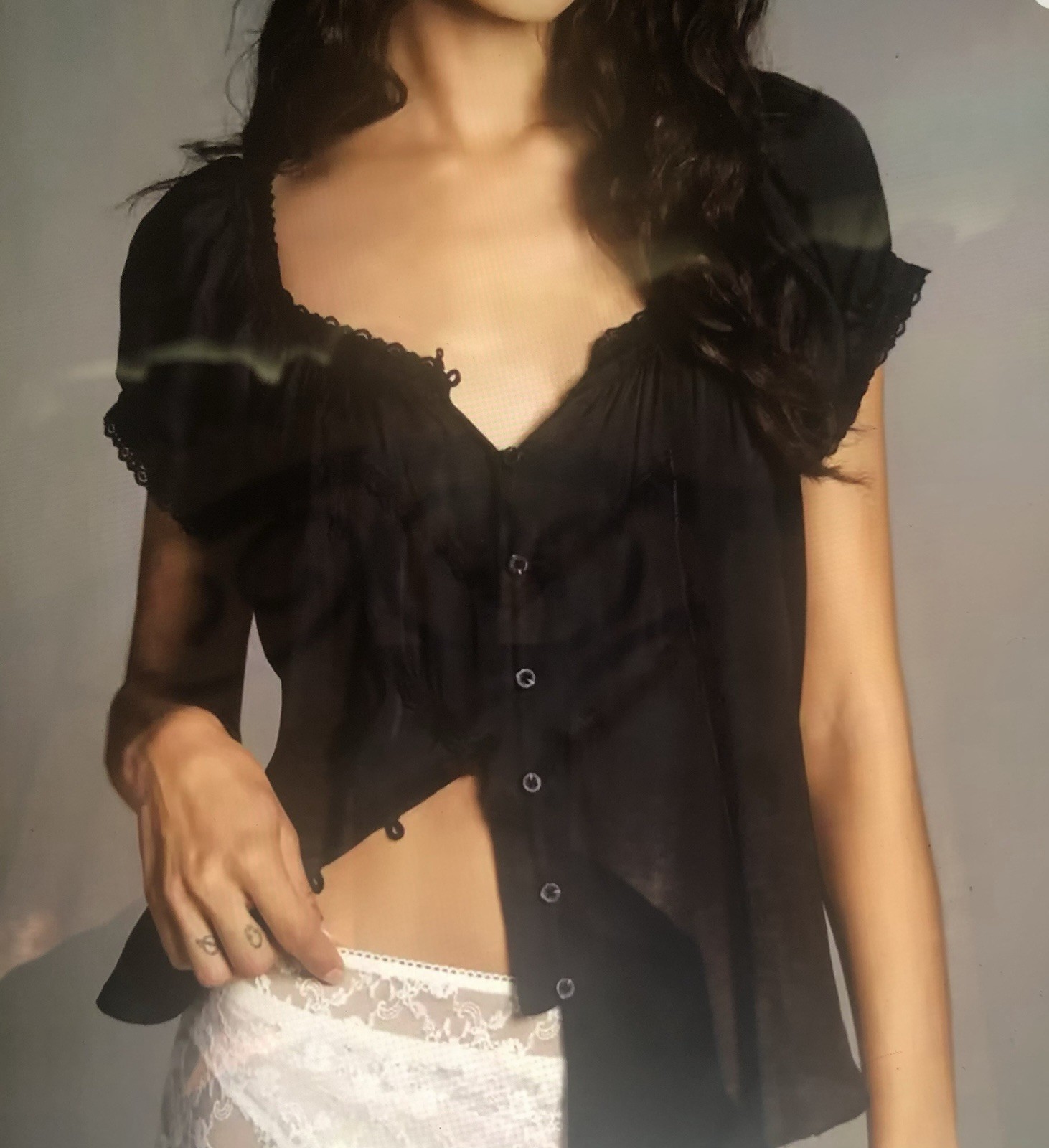 Solid V-Neck Button-Up Lace Trim Blouse Anthropologie free people manufacture