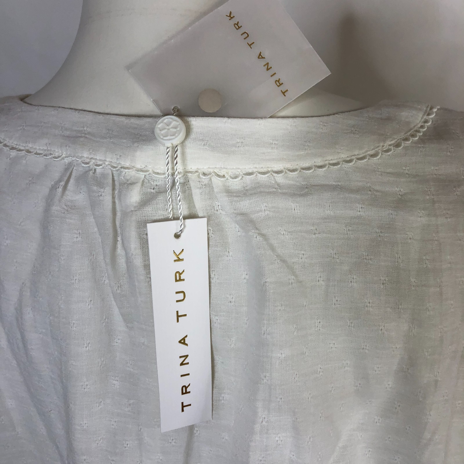 Trina Turk NEW XXL Smocked Button Plaid Check Pullover Button Top Blouse Ivory