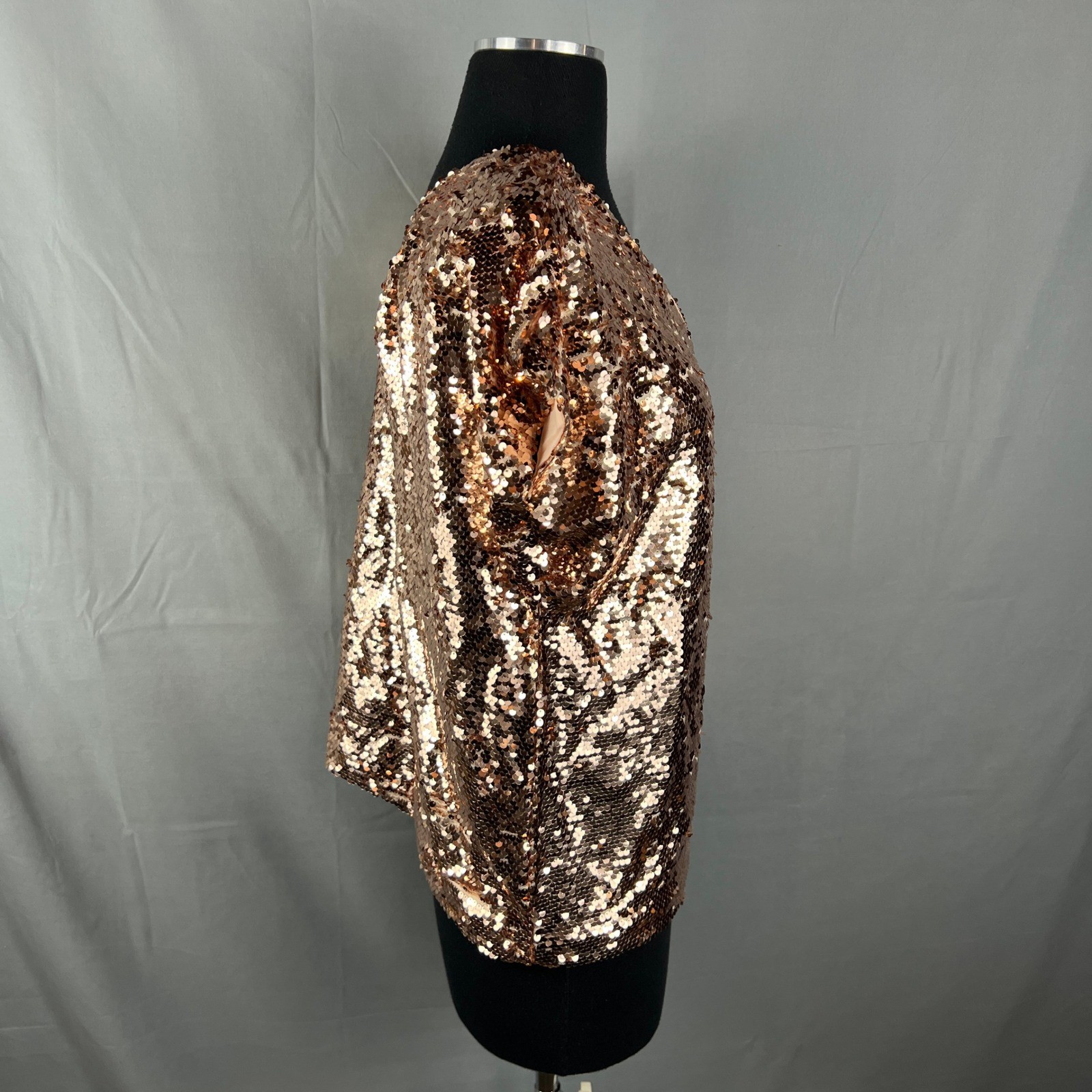 Lavish Blouse Top Womens Large Rose Gold Sequin Embellished Short Sleeve Party