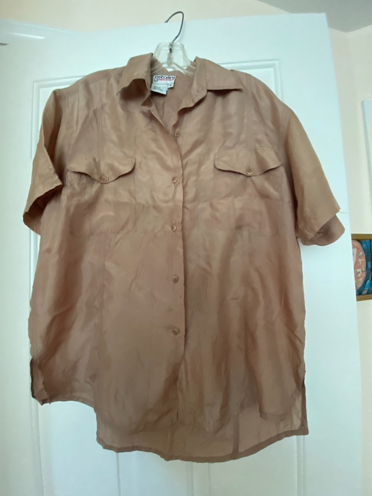 Setalini Blouse Classic Brown Button up 100% Silk M Short Sleeves Italy