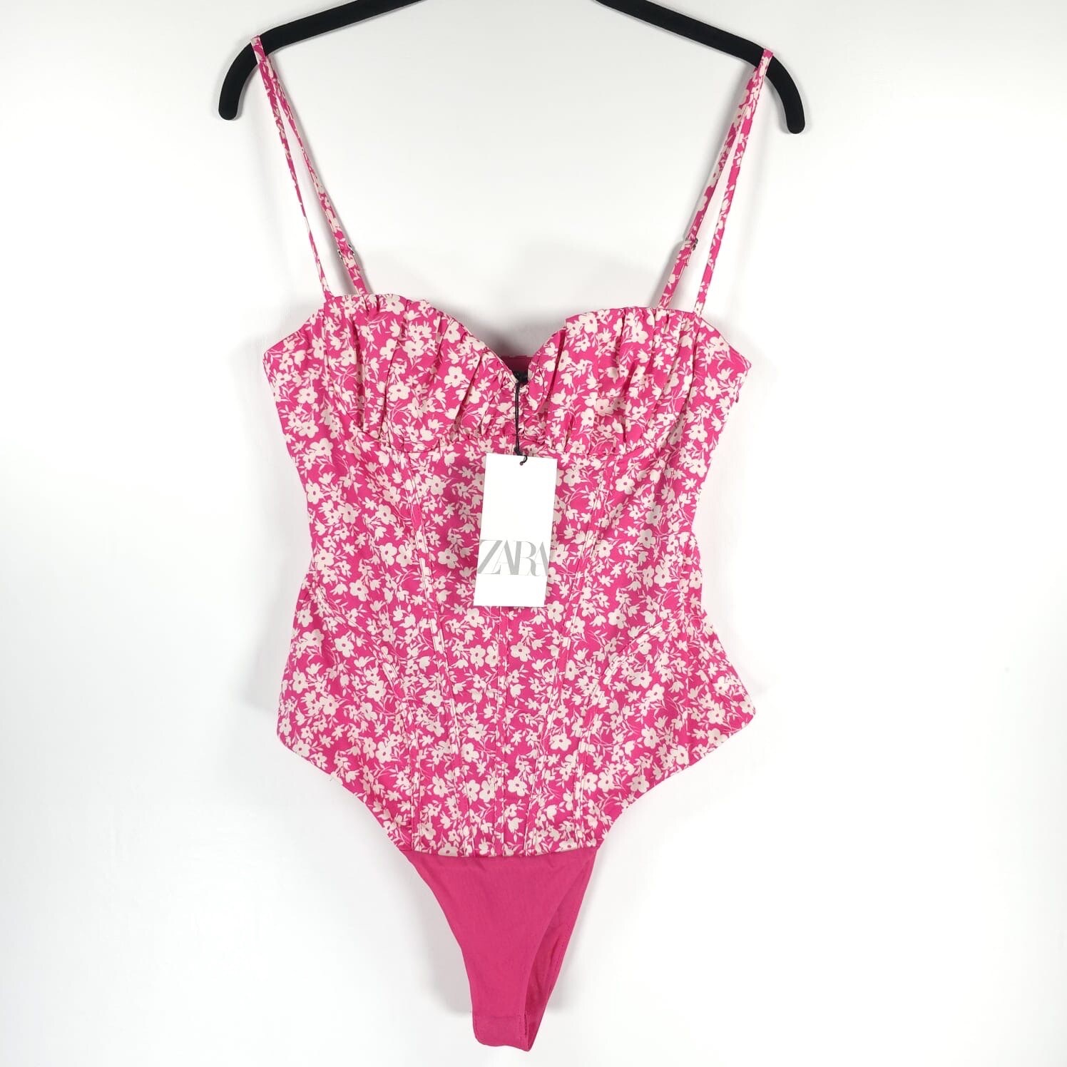 NWT ZARA Pink Floral Printed Corset Bodysuit Sweetheart Neck 4688/118 SMALL