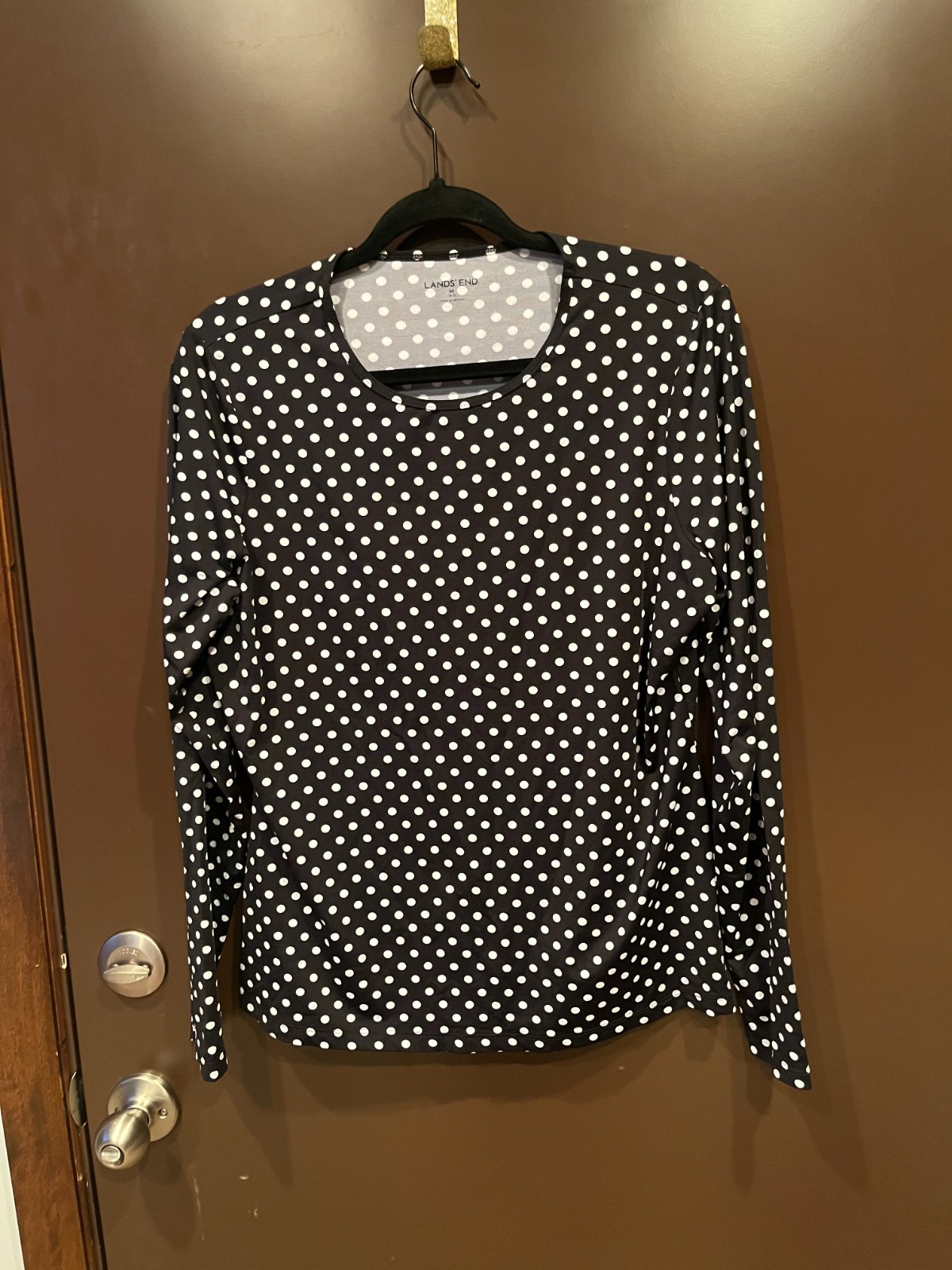 Lands’ End Shirt Women’s M 10-12 Long Sleeves Poka Dots Black