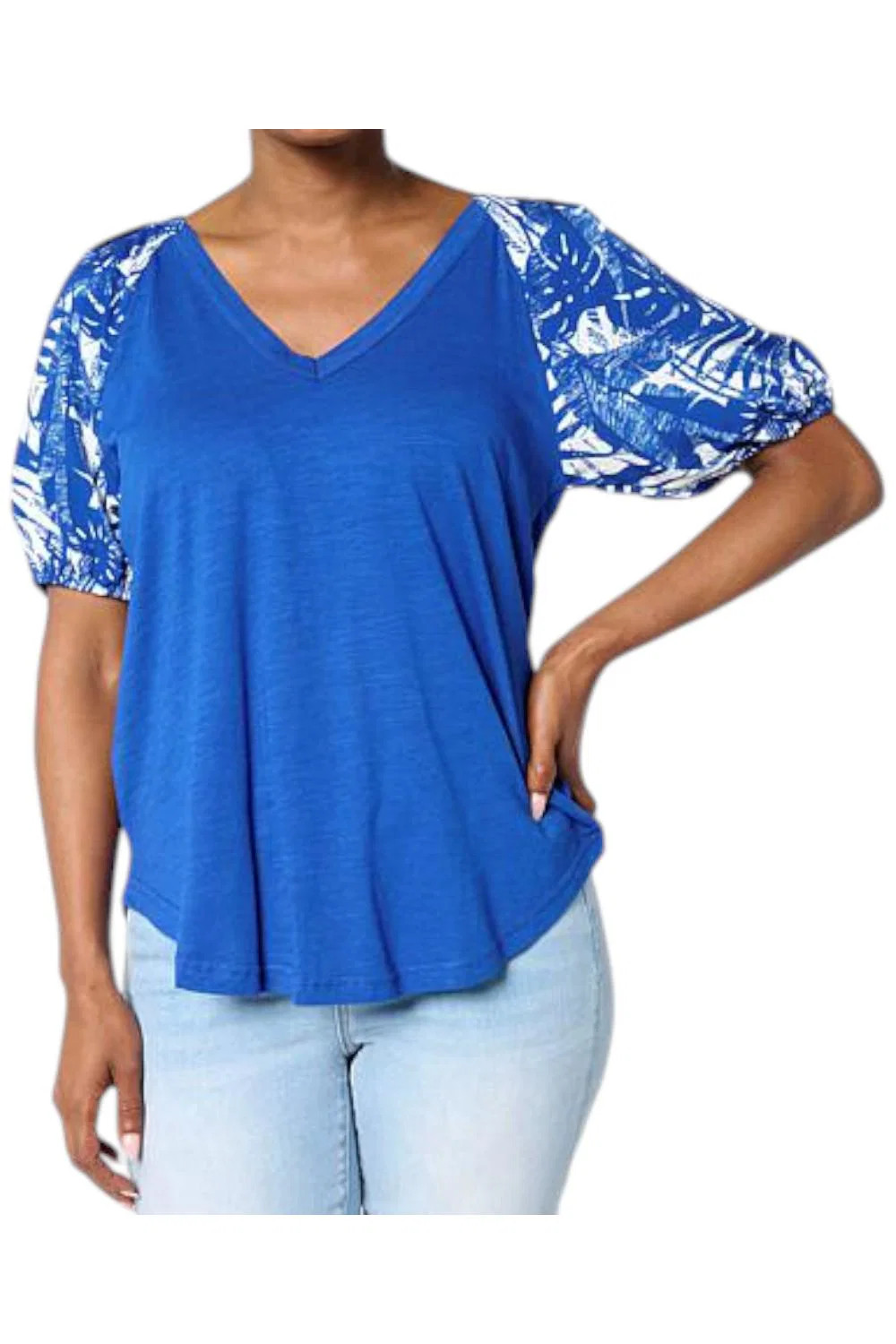DG2 by Diane Gilman Women’s Mixed Media Puff Slv V-neck Top Cobalt