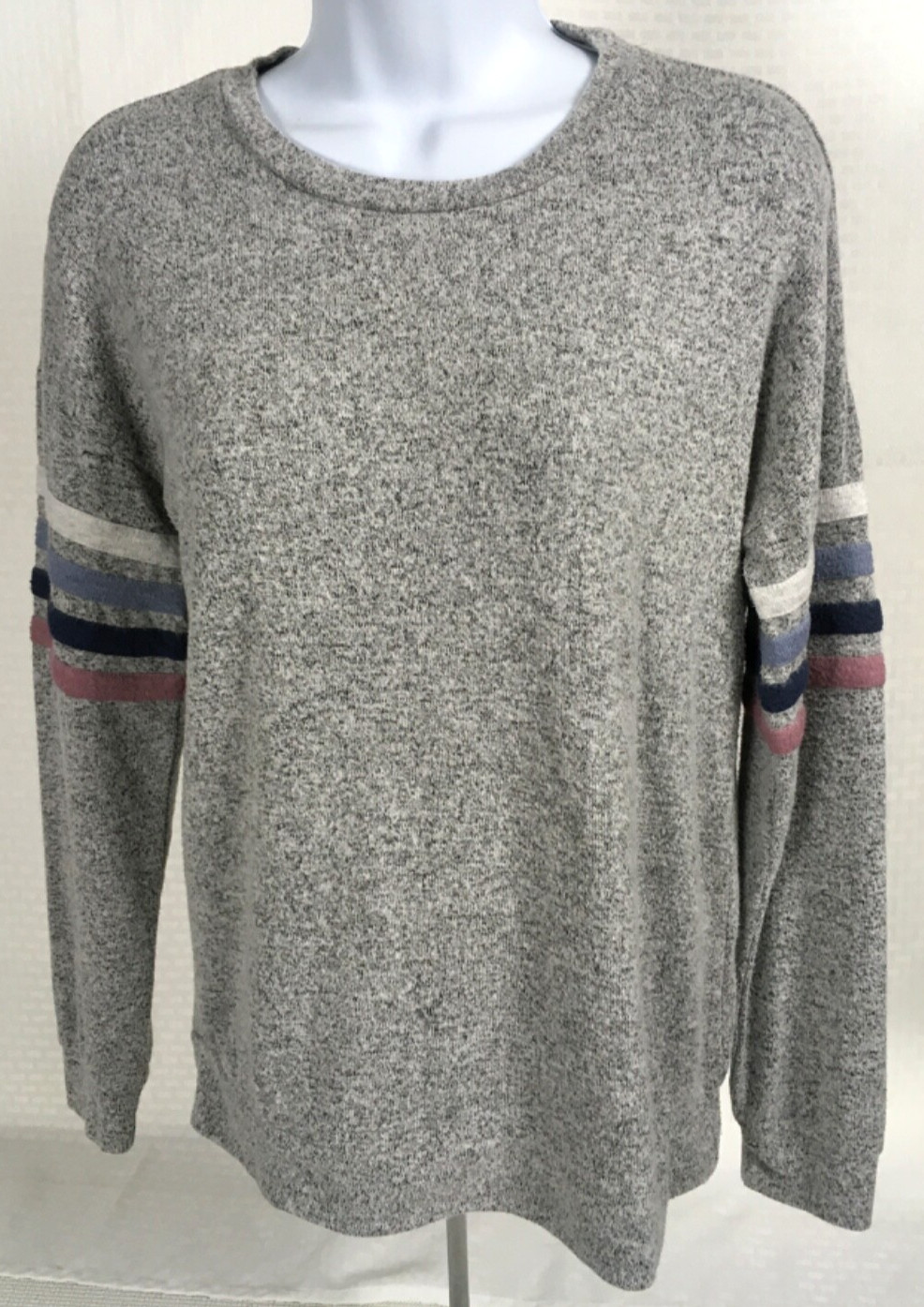 Pink Rose Top Size S Gray Round Neck White Blue Pink Stripes on Long Sleeves