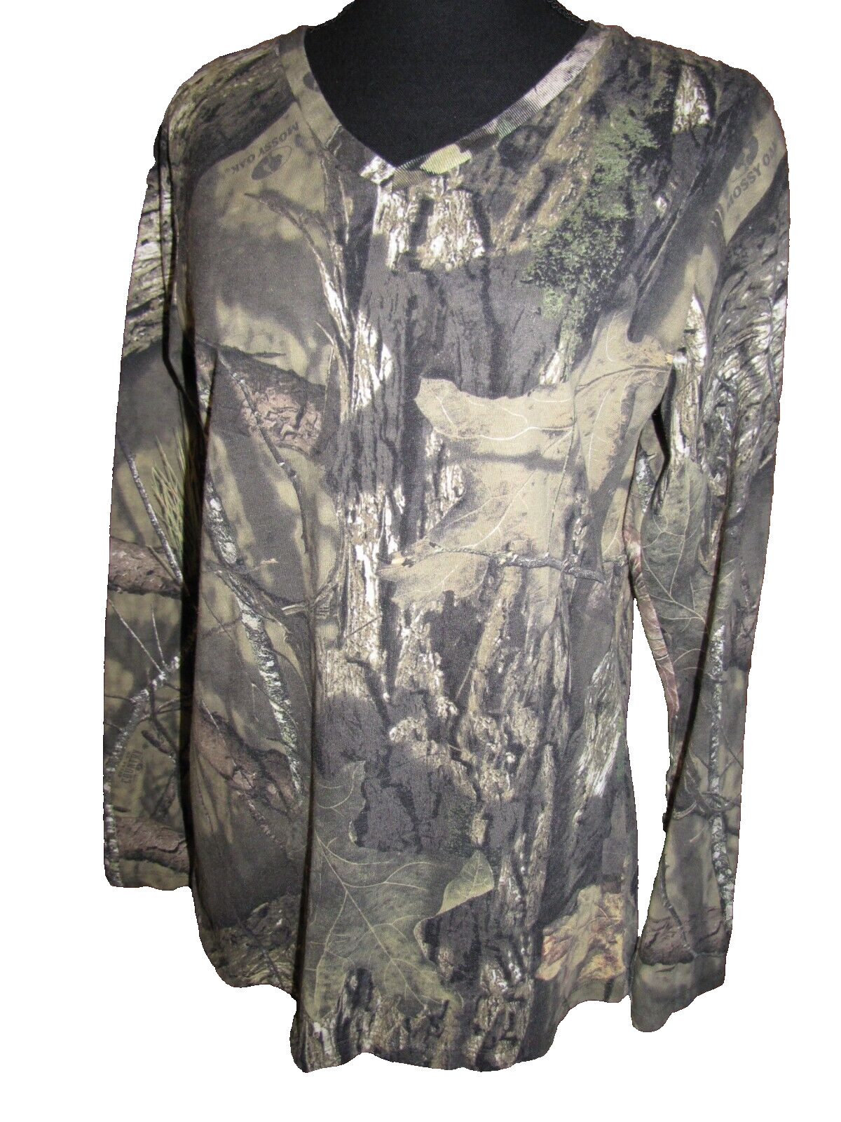 NEW MOSSY OAK CUTE GREEN CAMOUFLAGE V-NECK LONG SLEEVE OUTDOOR T-SHIRT LG-12/14