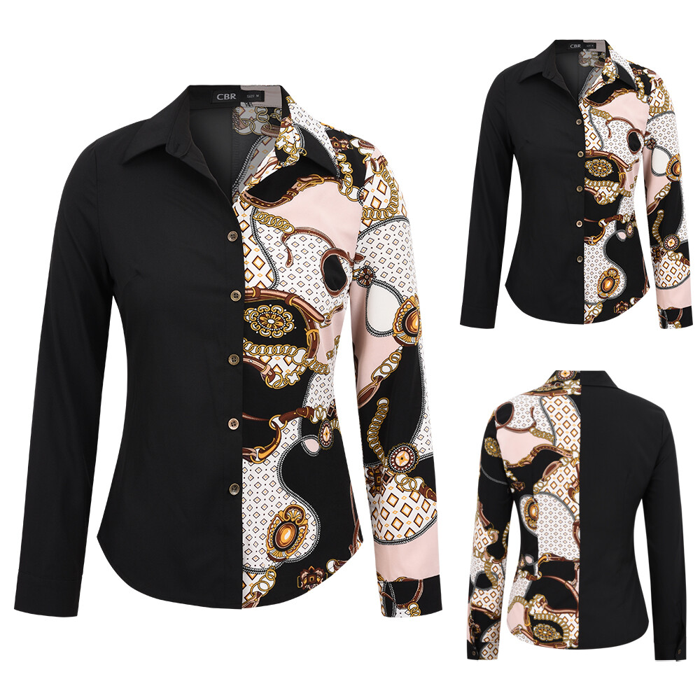Women Top Vintage Hit Color Print Shirt Collar Long Sleeves Button Casual Blouse