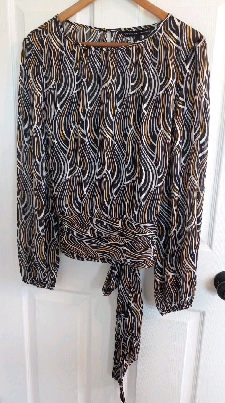 White House Black Market Sheer Blouse Wide Elastic Waist Tie Black Lined 12 L