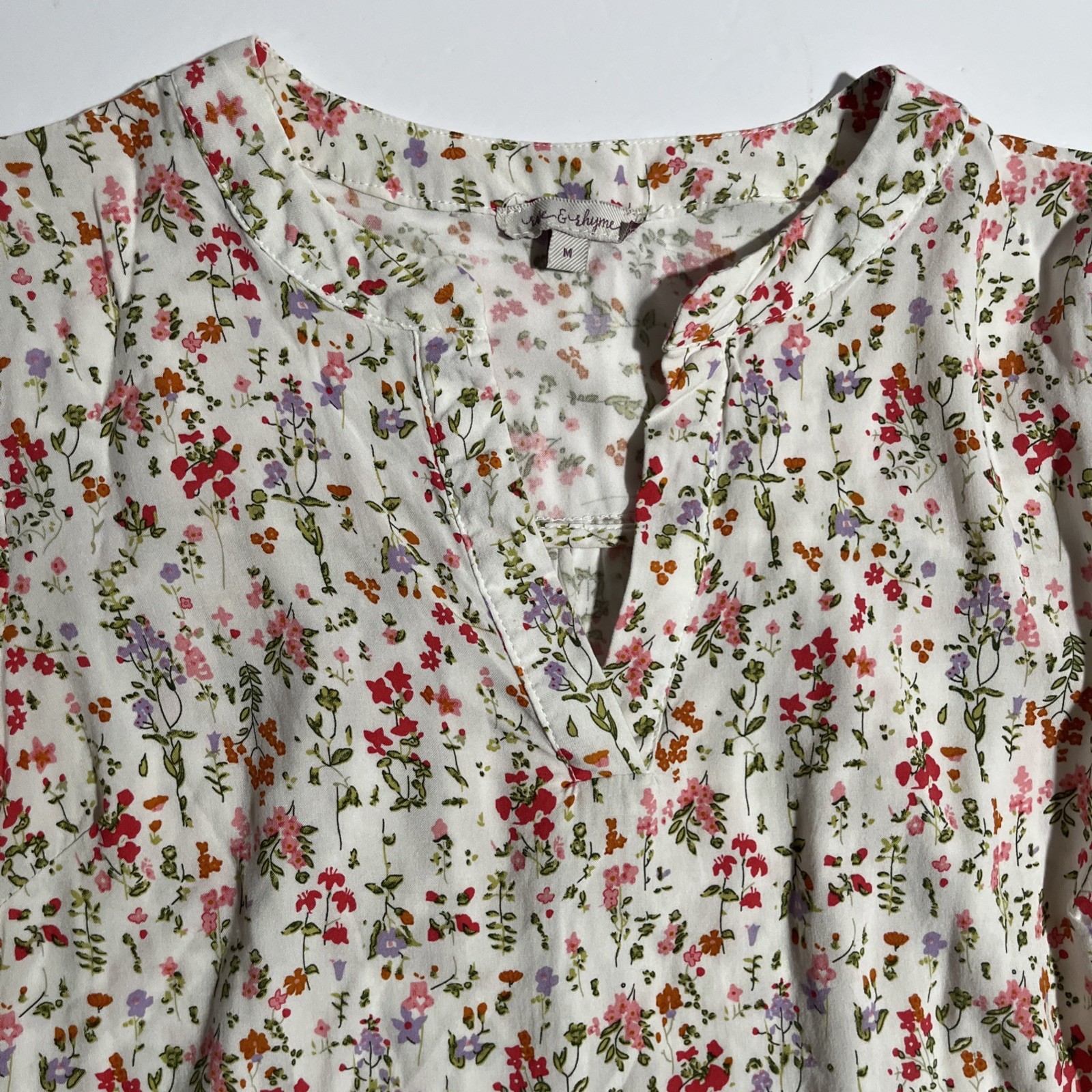 Rose & Rhyme Womens M Floral Blouse 3/4 Tie Sleeve V Neck Cottagecore Boho