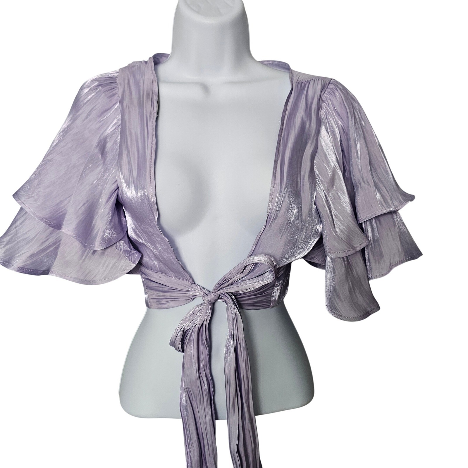 Lavender Metallic Tie Front Crop Top S Ruffle Sleeve Fairycore Ethereal Womens